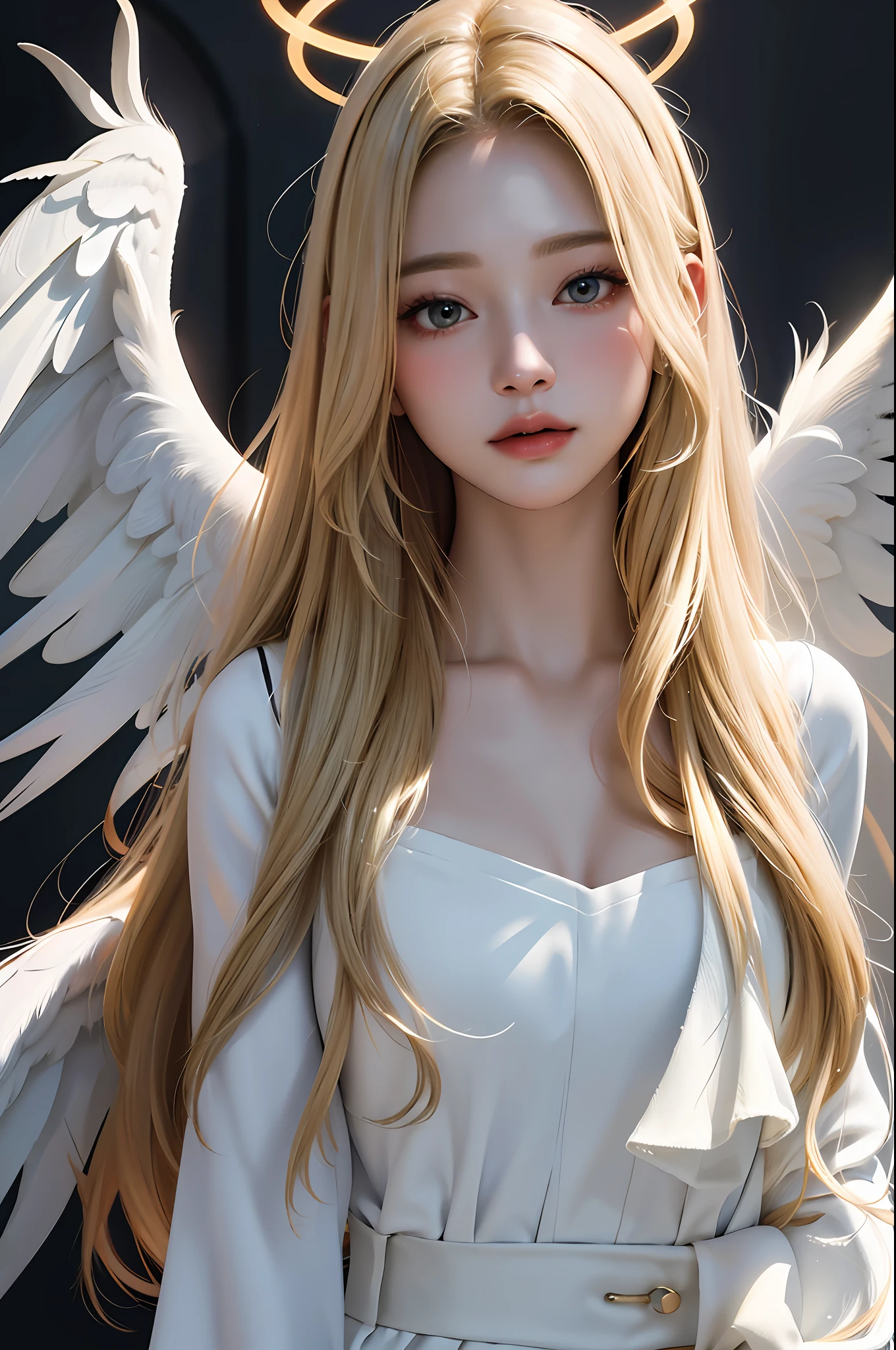 Best quality, masterpiece, ultra high res, (photorealistic: 1), in the dark, 1girl, solo, long blonde hair, angel halo, bright white skin, angelic, wings, feathers, deep shadow