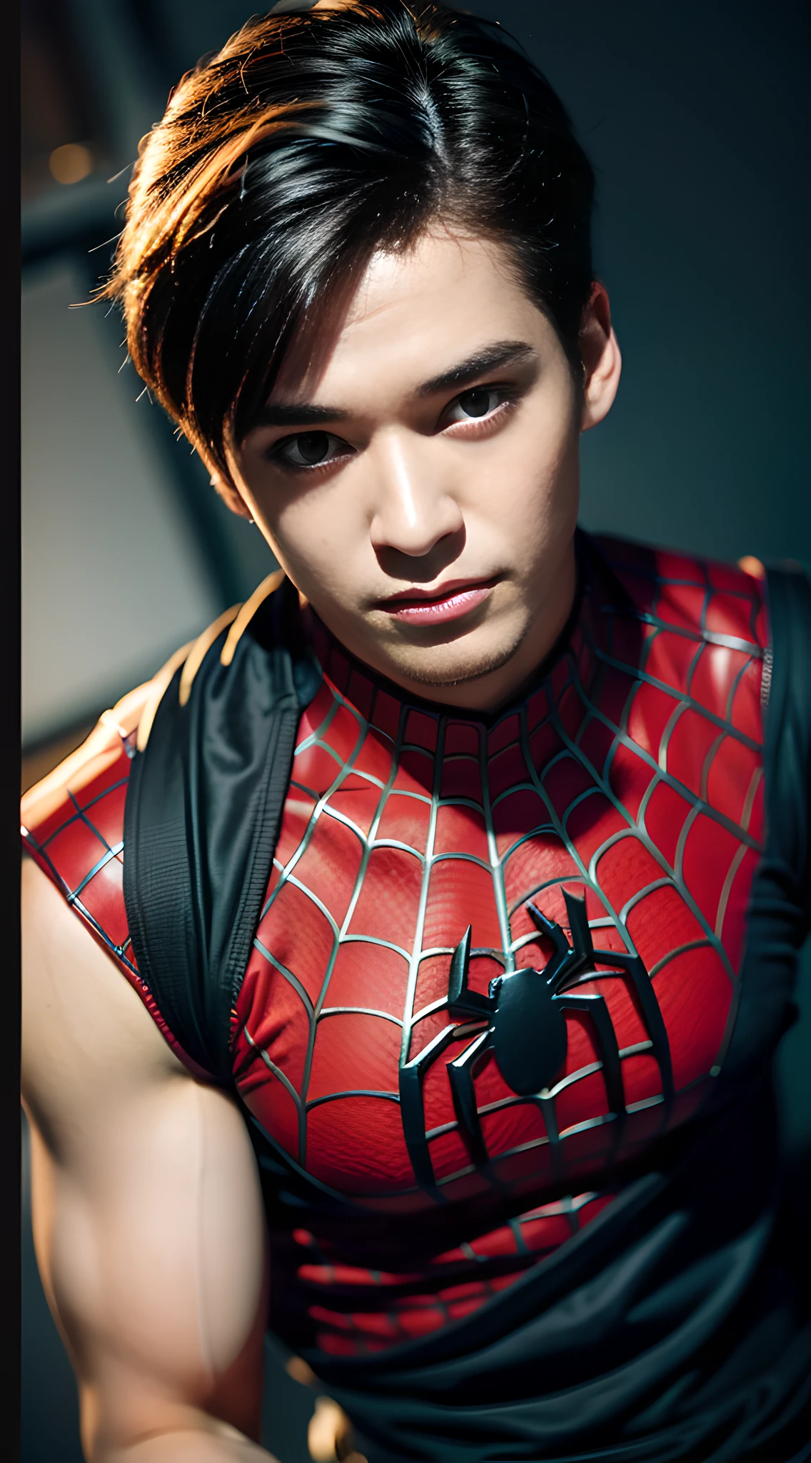 (one), (man), spider-man, handsome muscular high school boy, in the class of , mischievous smile, (high detail: 1 1), natural skin, high quality, beautiful eyes, (detailed face and eyes), (face: 1 2), noise, real photo, PSD, sharp focus, high resolution 8K, Realistic and professional photos, 8K UHD, soft lighting, high quality, film grain, FUJIFILM XT3