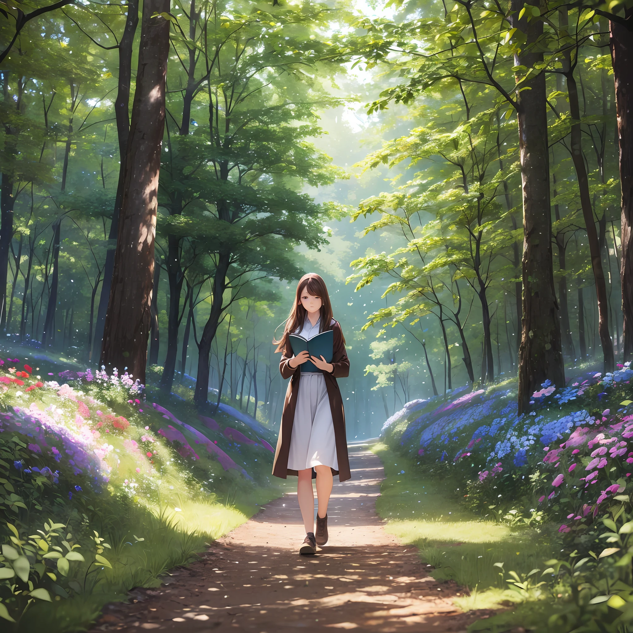 a person walking along a trail in the forest, facing the photo, reading a book, brown hair, blue eyes, blurry background, flowers on the ground on the left side, thorns on the ground on the right side, leaves in the air, starry sky, best quality, masterpiece, highly detailed --auto --s2