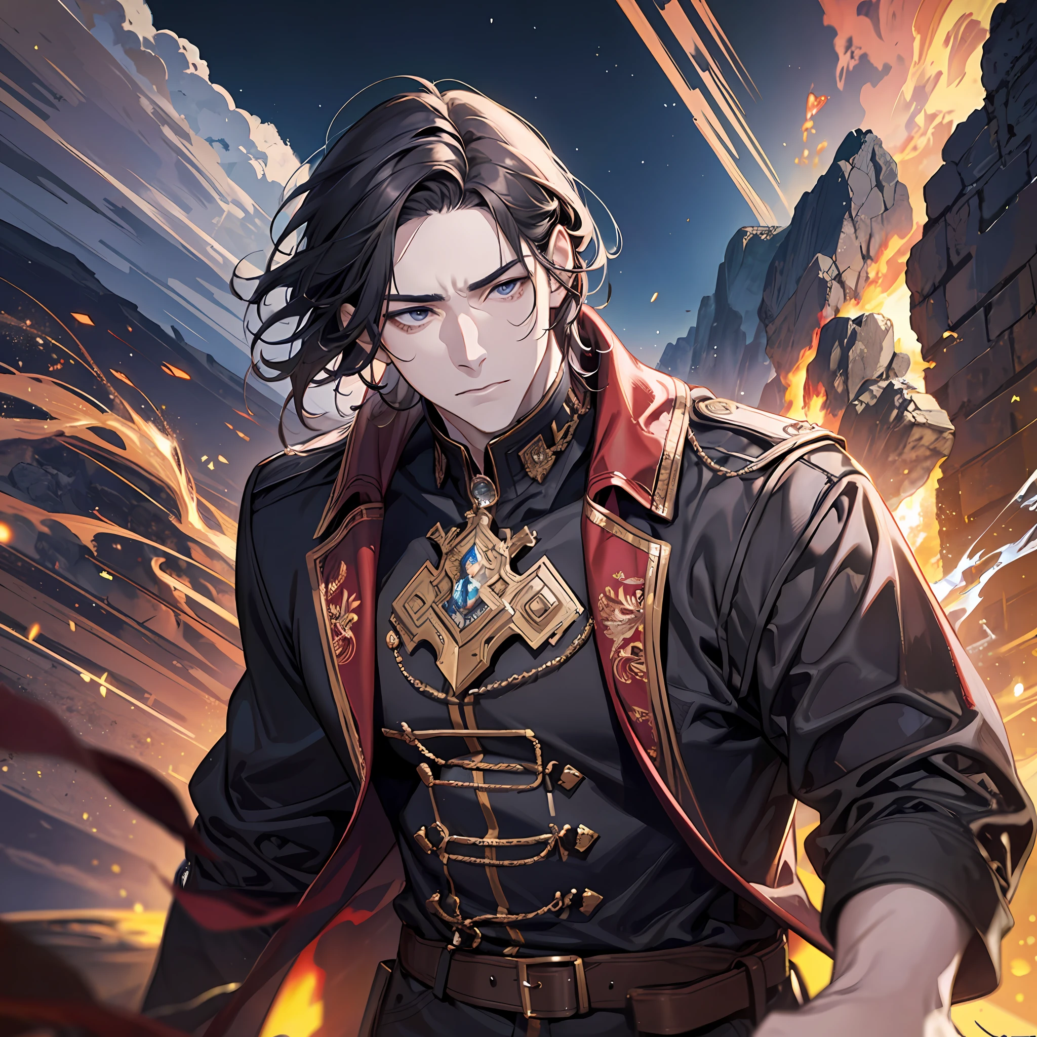 Volcano, Rock, Disaster, Escape, Brunette Hair, Adult Man, Handsome 4K, Masterpiece, Ultimate Picture Quality, Masterpiece, Big Scene, Resolute Expression