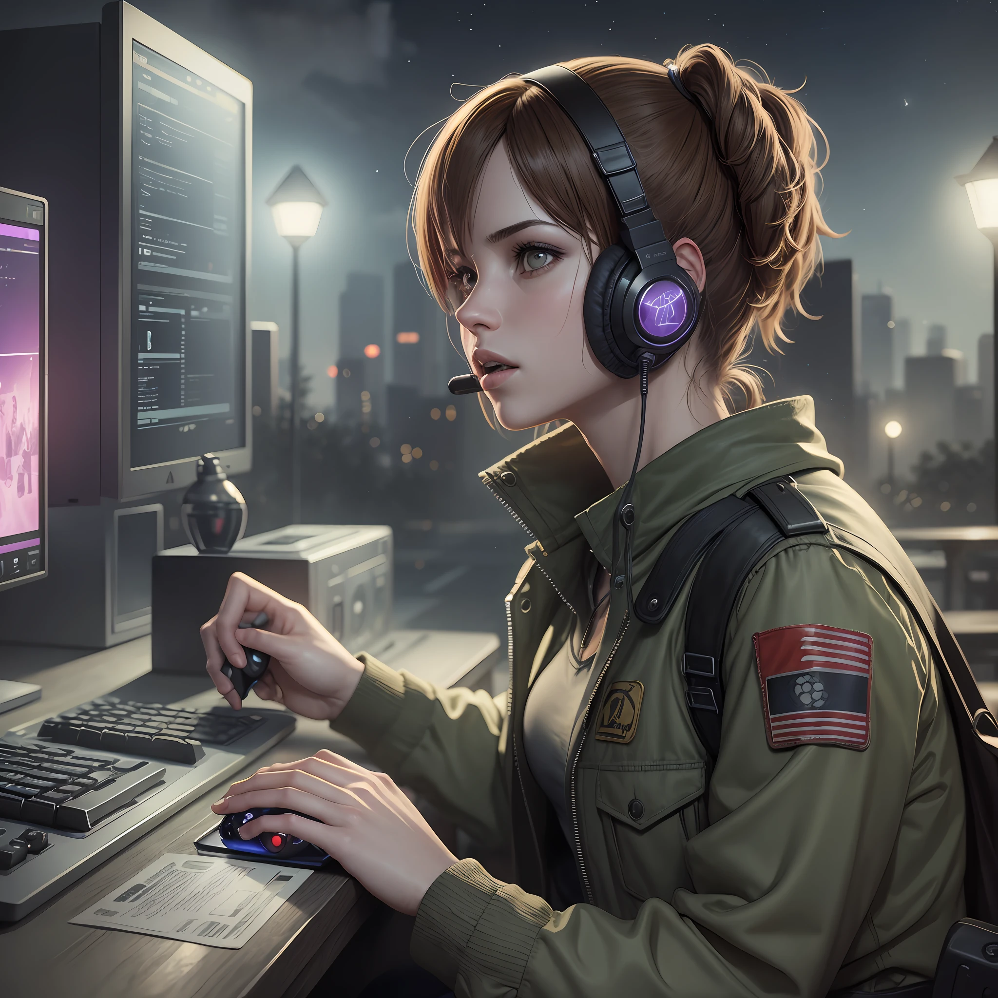 Female, playing resident evil, with a gaming computer, using a headset, in a park at night --auto --s2