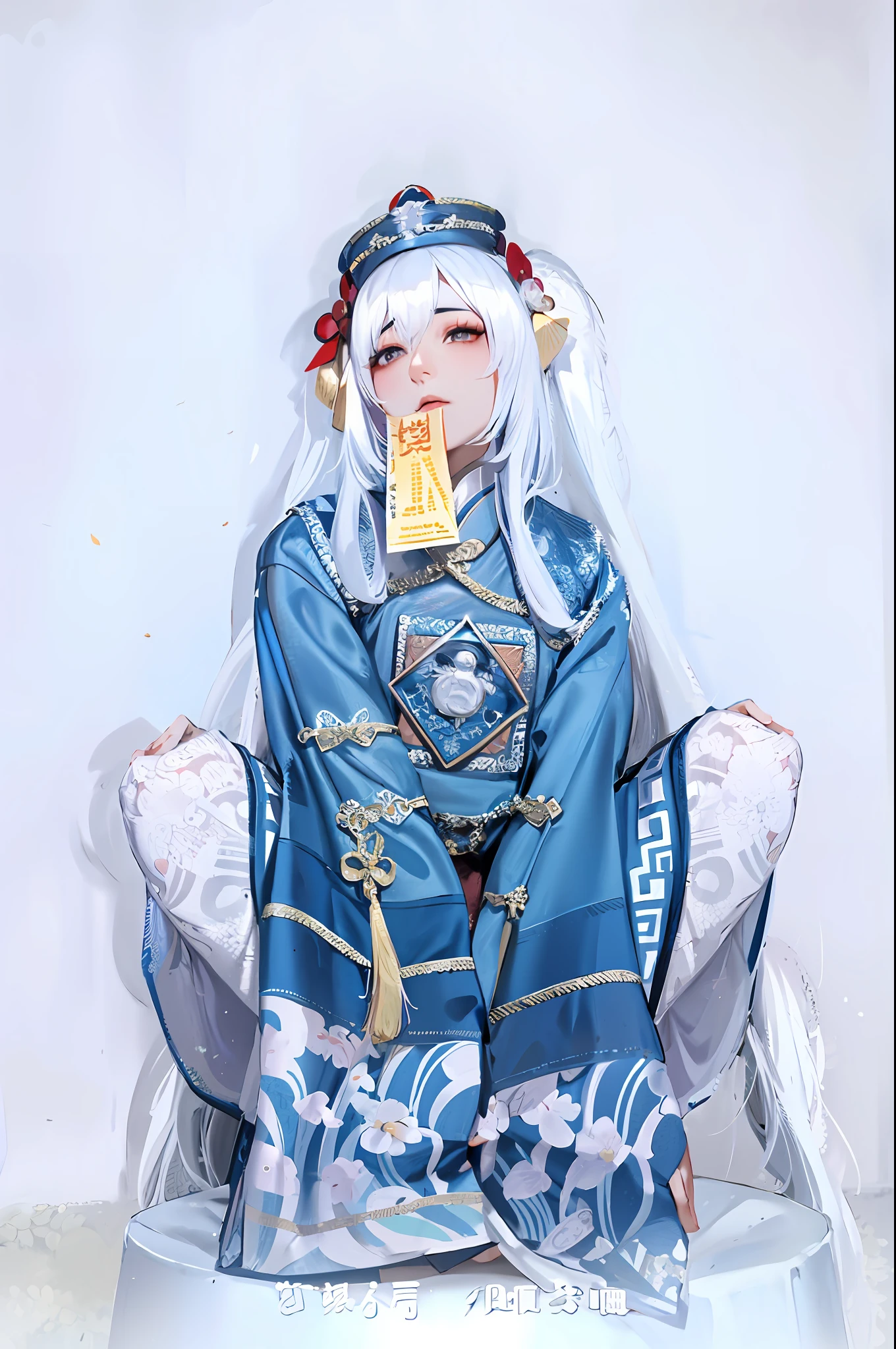 Alafi sitting on a white pedestal in blue and white clothes, anime cosplay, anime girl cosplay, white hair god, gorgeous cosplay, Bai Ji haircut, Shikamimi, white long hair, white hanfu, long white hair, palace, hanfu girl, beauty Delfin, role play, anime role play, anime girl role play, white hair god, gorgeous role play, Bai Ji haircut, white long hair, Shikamimi, white hanfu, long white hair, Chinese zombie, A Chinese talisman in his mouth