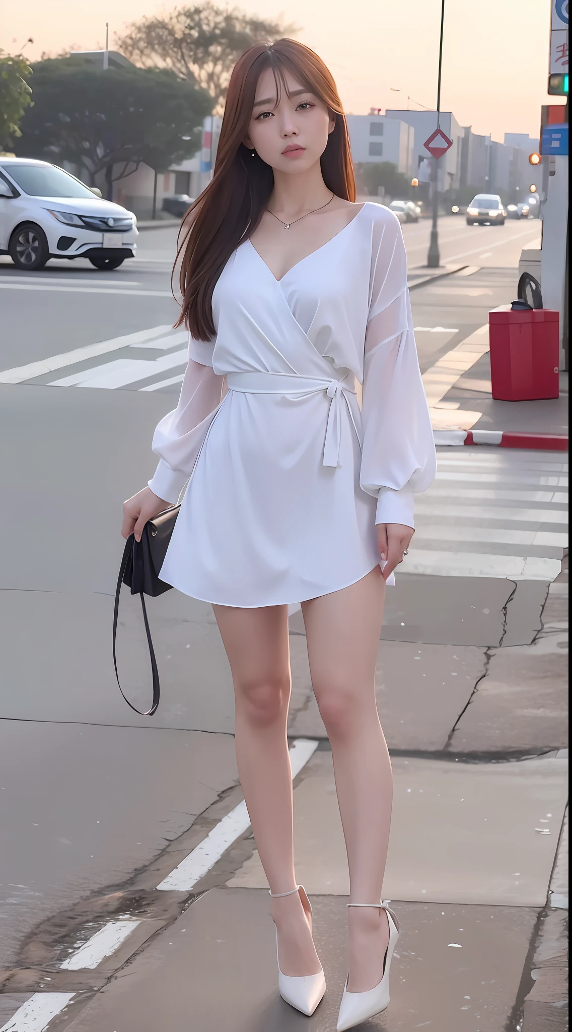 mix4, 20d, solo, long_hair, shirt, dress, high_heels, full_body, look_at_viewer, (8k, RAW photo, best quality, mastery:1.2), (realistic, photo-realistic:1.37), professional lighting, photon mapping, 光能传输,基于物理的渲染,