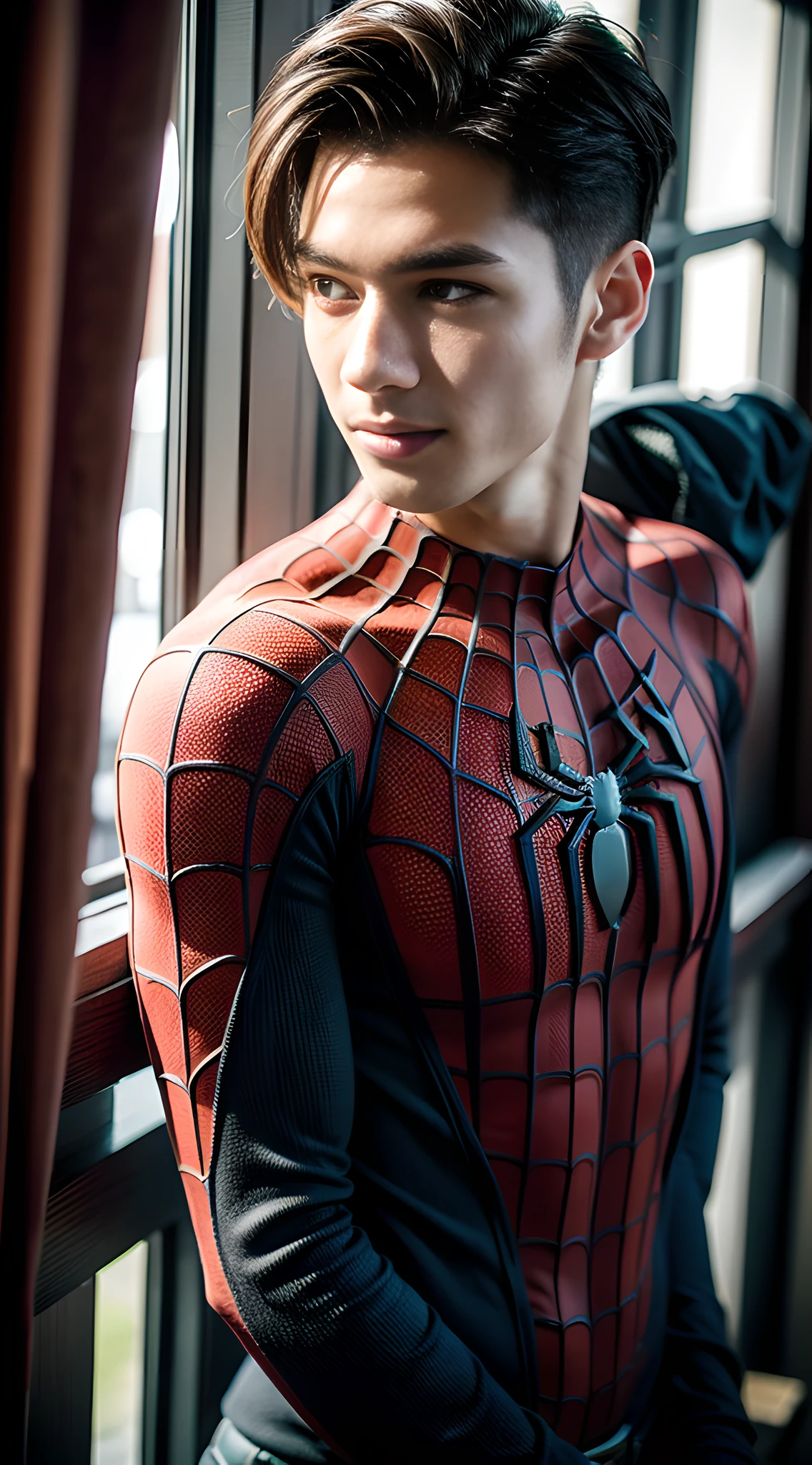 (one), (man), spider-man, handsome muscular high school boy, in the class of elementary school, mischievous smile, (high detail: 1 1), natural skin, high quality, beautiful eyes, (detailed face and eyes), (face: 1 2), noise, real photo, PSD, sharp focus, high resolution 8K, Realistic and professional photos, 8K UHD, soft lighting, high quality, film grain, FUJIFILM XT3