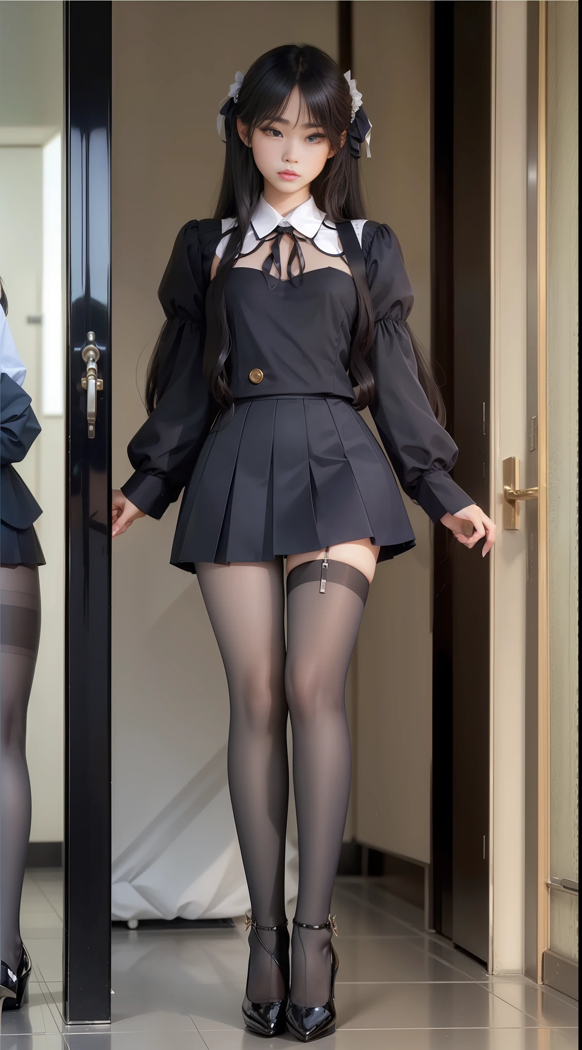 Please make a high-resolution photo.
model is a 15 years old high school student Korean transvestite twink
boy with long hair with so flat chest with very beautiful face with dark Ulzzang makeup
with a disdainful expression. Please make all people 5.3 feet tall and weighs 160pounds.
All people in same place.
Wearing thight mini skirt flight attendant uniform and must wear very transparent dark navy shiny pantyhose and metallic colour high heel pumps.
Please must wear shiny transparent dark-colour pantyhose on your legs properly so that you can't see your bare skin. Please must wear shiny metallic high heels on your feet.