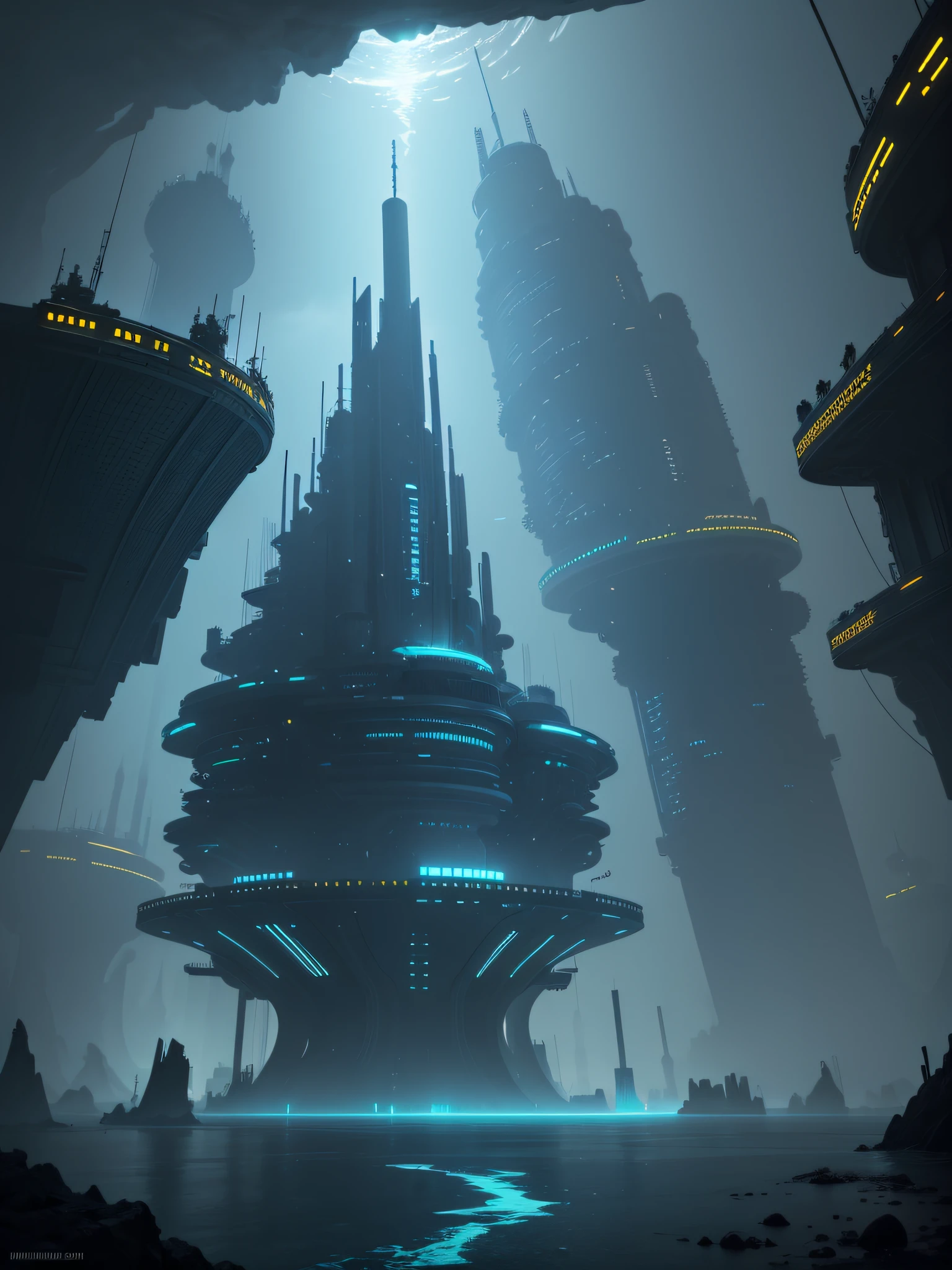 futuristic city, 24th century, undersea, undersea city, undersea, shelter, darkness