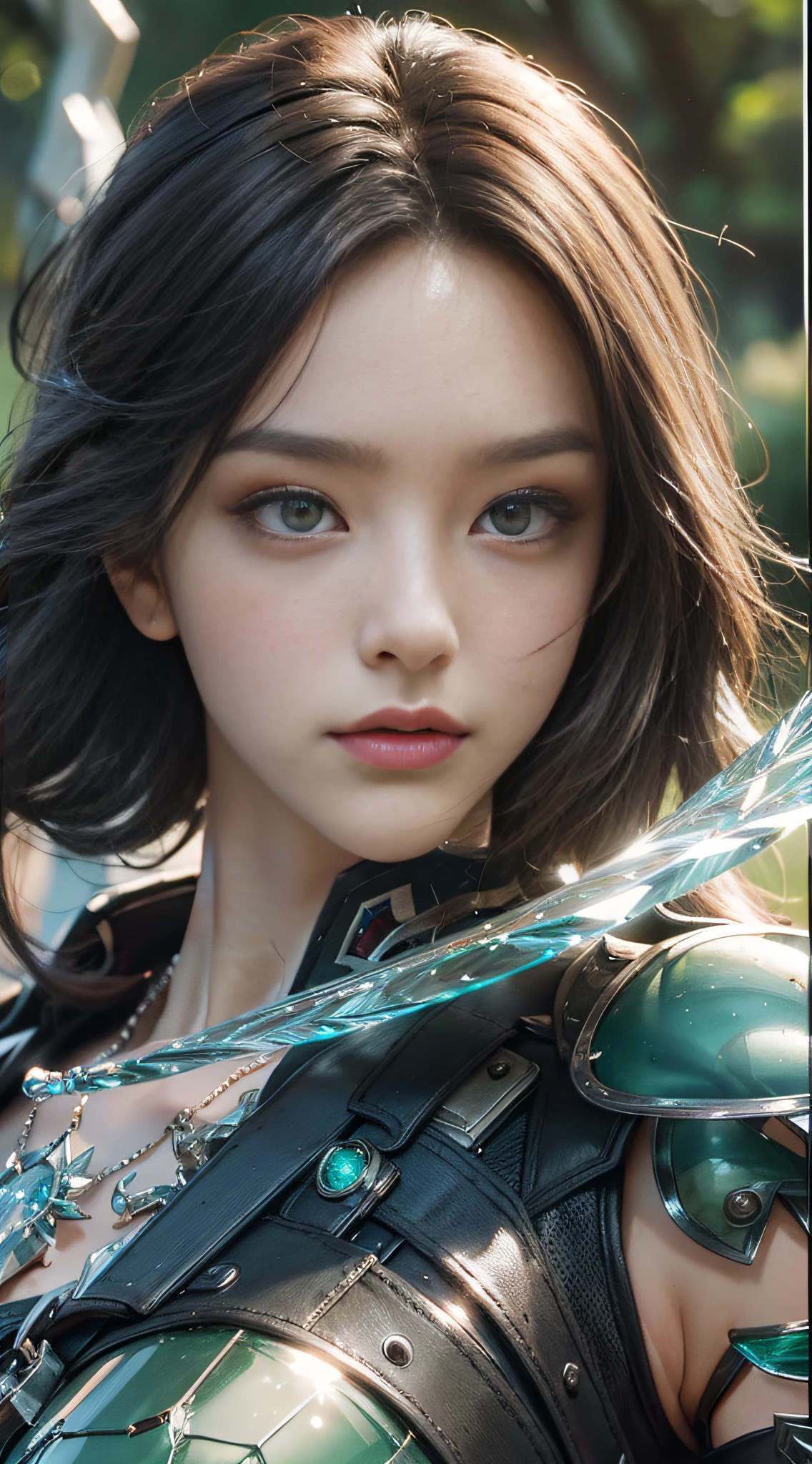 (best quality, masterpiece:1.2), 8k detailed cgi render, thick outlines, strong shadows, 1 girl, green eyes, dark brown quiff hair, portrait, solo, upper body, looking at viewer, detailed background, detailed face, glass-cyborg, (made of glass:1.1), glass construct, fighter, gemstone armor, dirty glass, power source, magical symbols, mystic power, wind, crater in background, epic atmosphere.