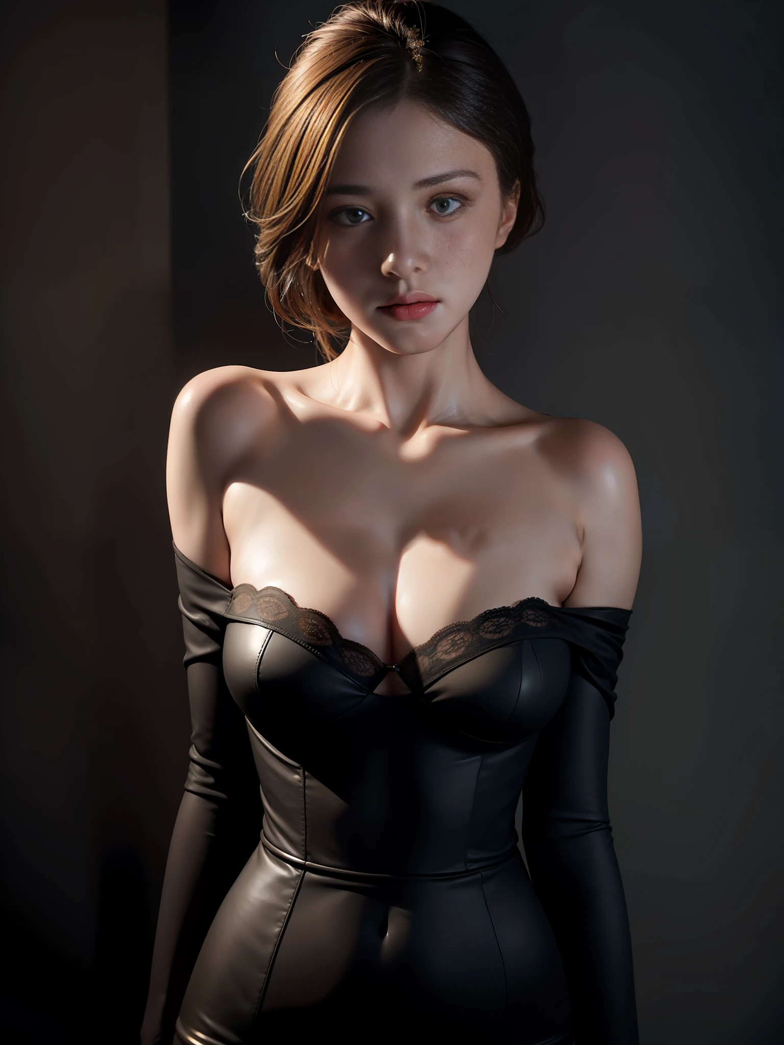 Best quality, masterpiece, ultra high res, (photorealistic:1.4), raw photo, 1girl, offshoulder, in the dark, deep shadow, low key, cold light