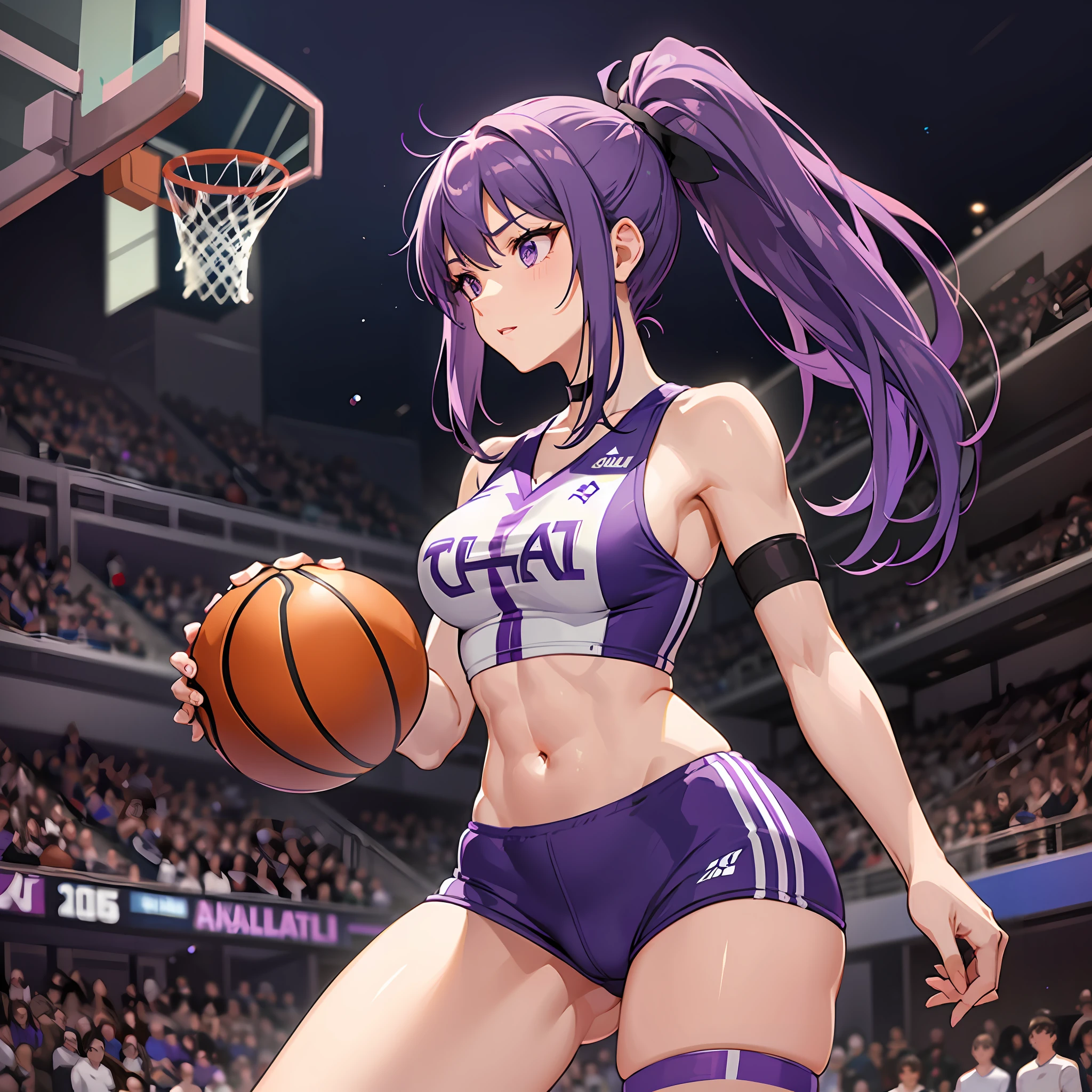 A woman, athletic body, perfect body, tabby body, purple hair, purple eyes, ponytail style hair, sports uniform, basketball court