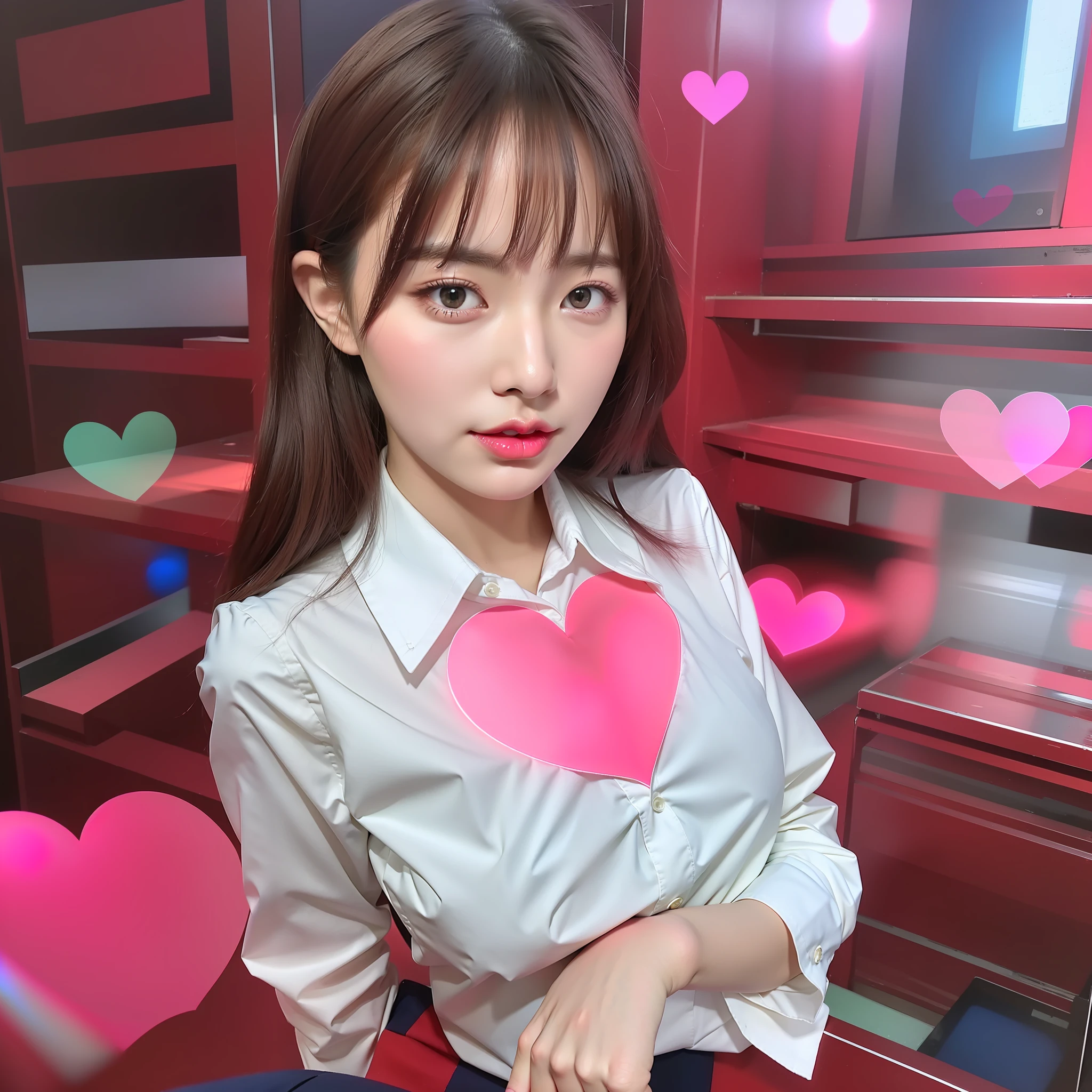 1girl, realistic, solo, (masterpiece:1.2), best quality, unbuttoned clothes, heart-shaped, medium breasts, school uniform,