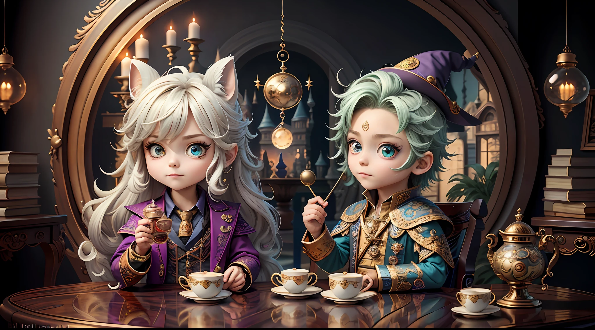 Masterpiece, best quality, wizard tea party, chibi, handsome male witch, beautiful witch, highly detailed realistic eyes, happy, vibrant, colorful,