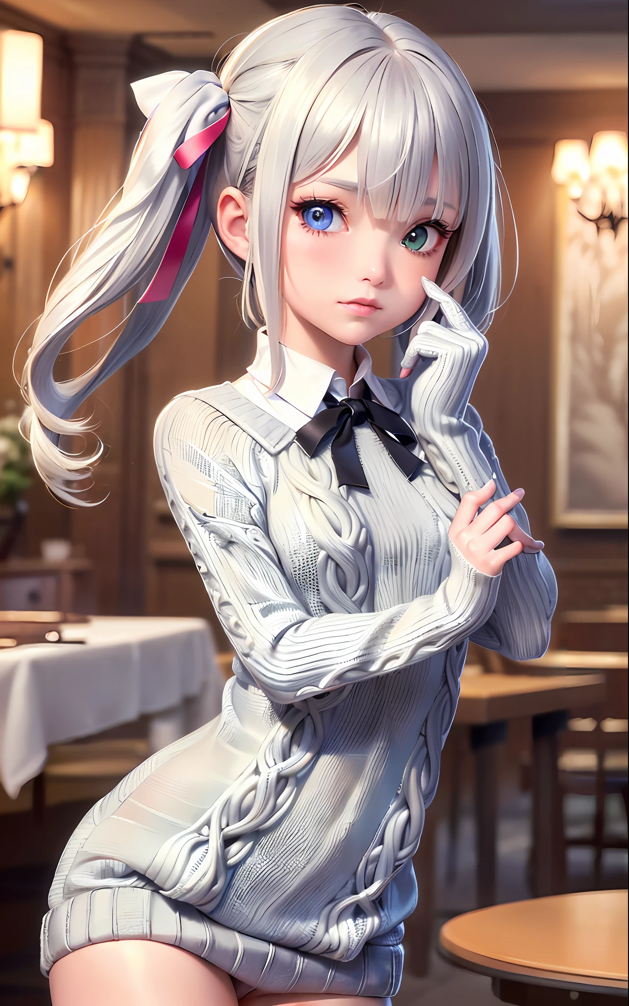 Superb Creation, High Resolution, Best Quality, UHD, Super Detail, Award-Awarded, 16k, (Upper Body), A Beautiful Maiden, Gray Hair, Hair, ((Heterochromia), Hanging Corners, Fair Skin, (Small Breasts), (Slim Figure), ((Sweater)), (Ribbon Collar), (Short gloves as short as half a palm)