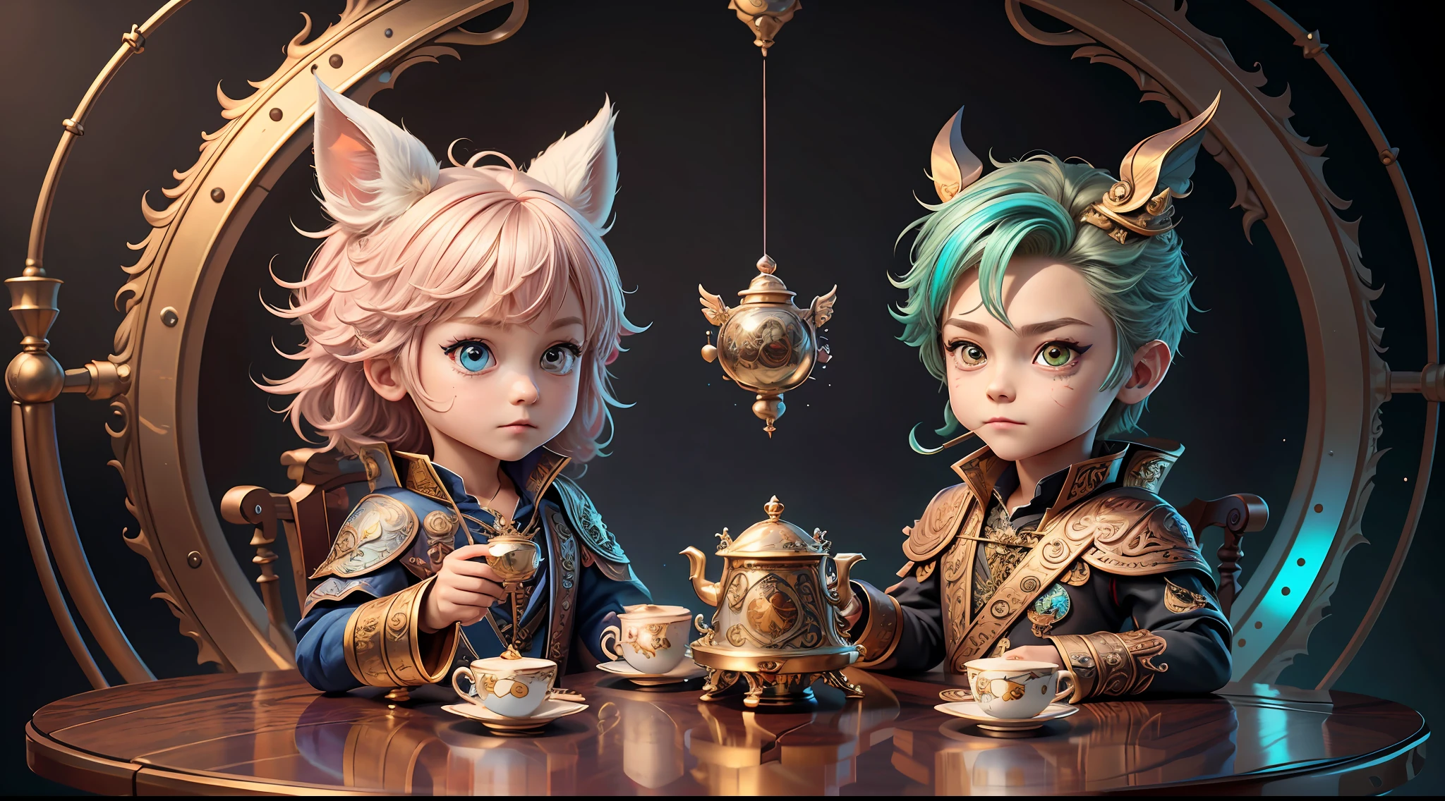 Masterpiece, best quality, wizard tea party, chibi, handsome male witch, beautiful witch, highly detailed realistic eyes, happy, vibrant, colorful,