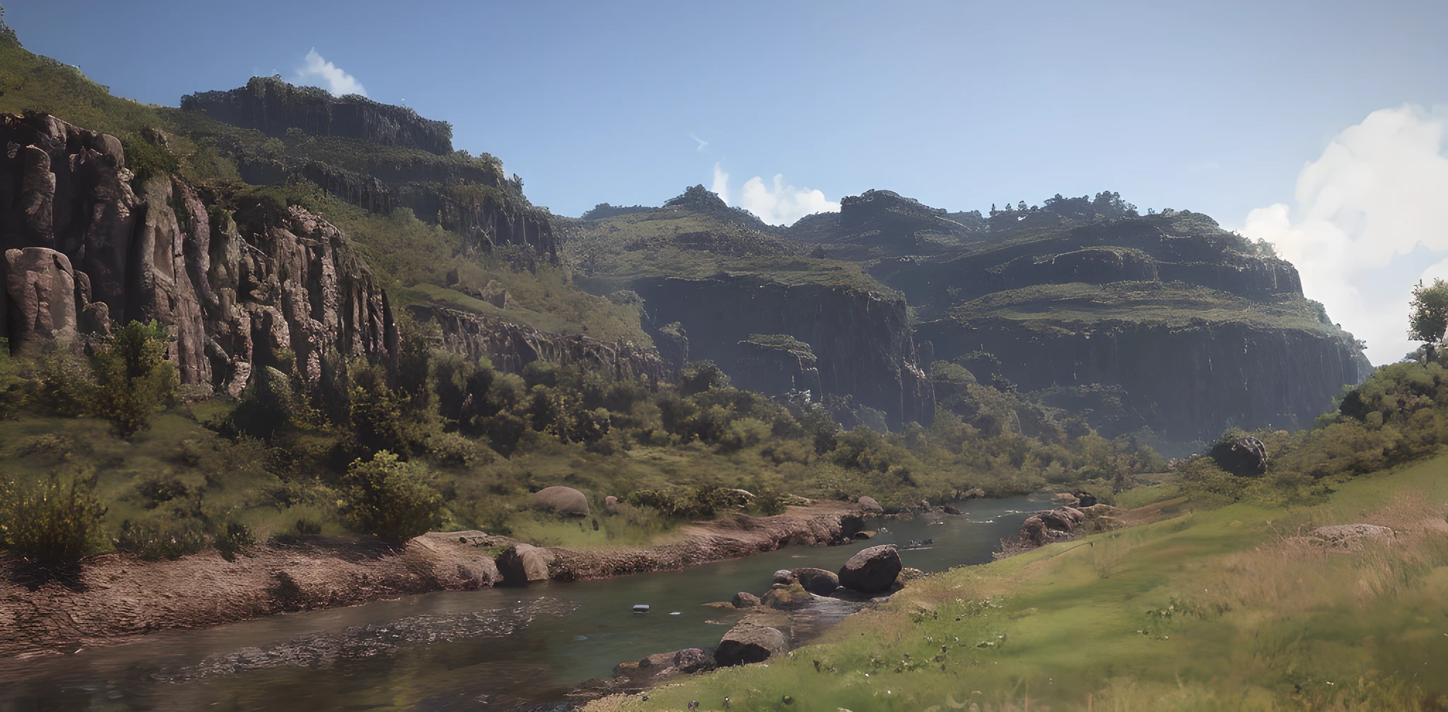 there is a small stream running through a lush green valley, hdr render in unreal engine 5, photorealistic landscape, unreal engine 5 hdr, matte painting unreal engine, unreal engine 5 environment, unreal engine 5 highly rendered, unreal engine 5 quality render, 8 k landscape render, unreal engine 5 quality, unreal engine 5 render dramatic, highly detailed matte painting