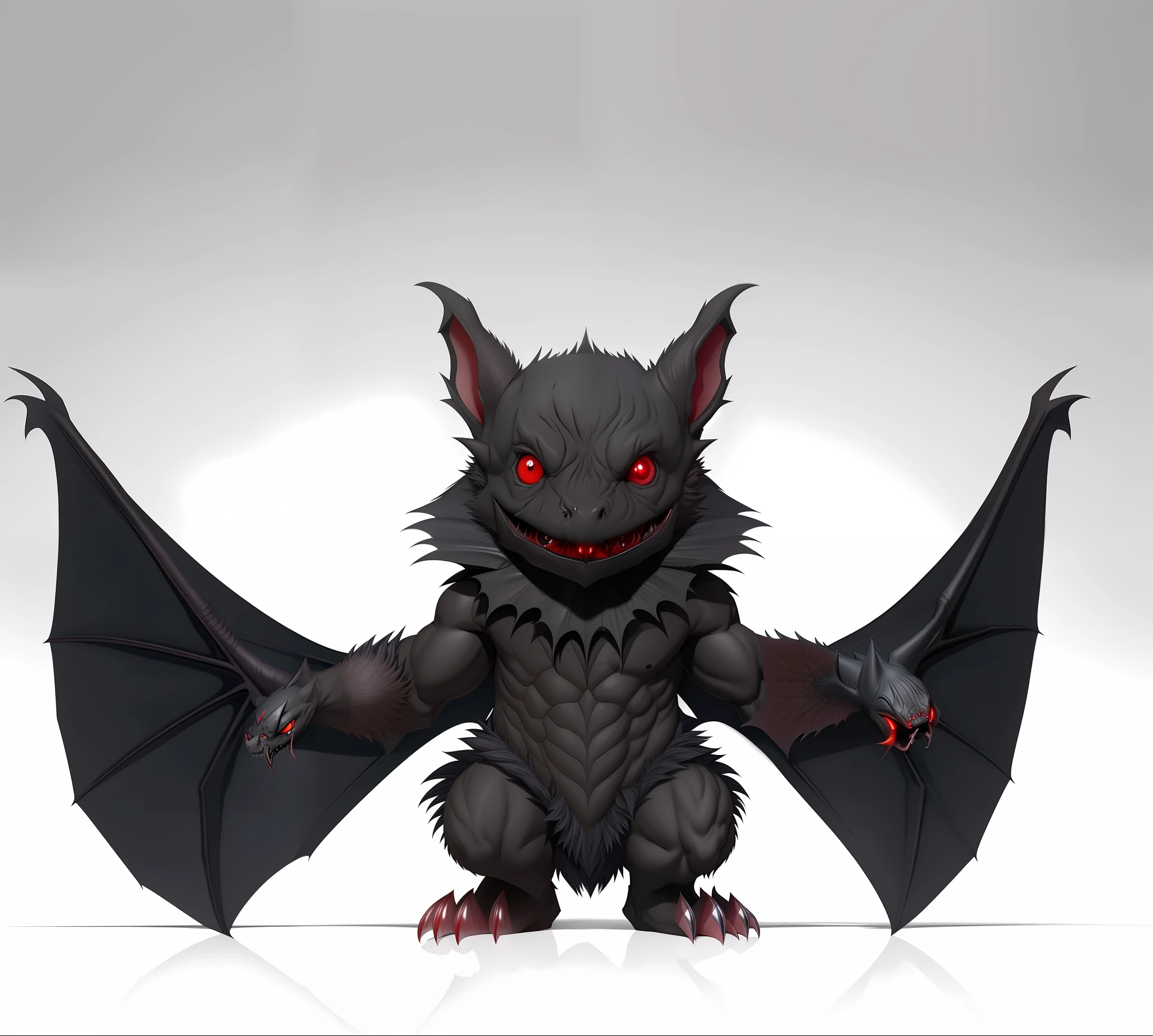 arafed bat with red eyes and black wings standing on a white surface, one a demon-like creature, one a demon - like creature, vampire bats, realistic creature concept, chupacabra, chiroptera head, creature design, chiroptera ears, real bats, bat, is evil gremlin, terrifying :7, bat ears, chtulhu