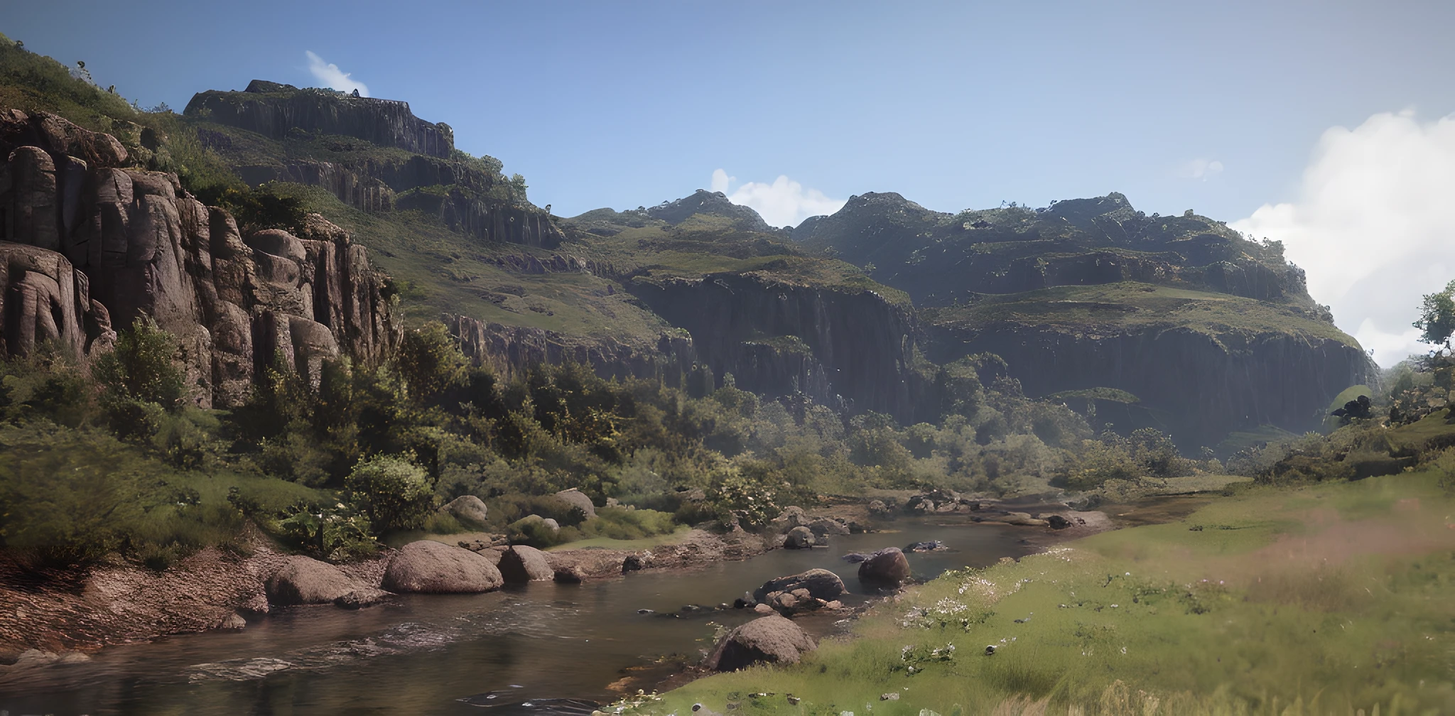 there is a small stream running through a lush green valley, hdr render in unreal engine 5, photorealistic landscape, unreal engine 5 hdr, matte painting unreal engine, unreal engine 5 environment, unreal engine 5 highly rendered, unreal engine 5 quality render, 8 k landscape render, unreal engine 5 quality, unreal engine 5 render dramatic, highly detailed matte painting