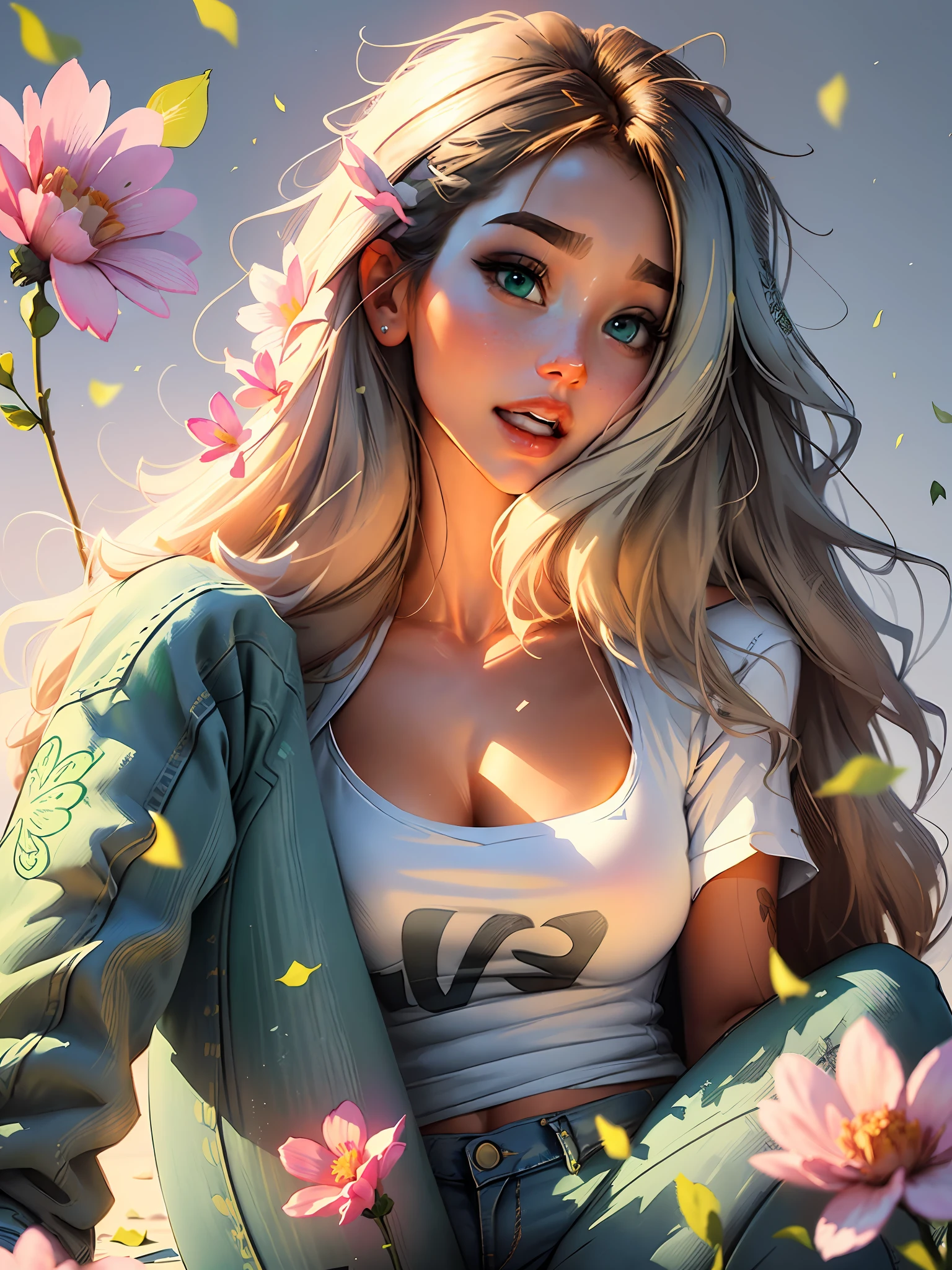 :: background, mixed-language_text, Japanese letters in graffit, emily sears beautiful woman, long gradient blonde hair, excellent lighting, sidelighting, perfect ultimate (flat color: 1.3), (magazine_cover: 1.4),beautiful, perfect and detailed, ultra detailed, clothes with floral designs,and colors of light pink, black, white and gray, with open mouth, immersive effects, hover effect, graphite style background with vibrant colors "ultra HDR" detailed and with focus effect, with black all star converse sneakers (masterpiece: 1.2, best quality), (finely detailed beautiful eyes: 1.2),extremely detailed, depth of field,shot with Canon EOS,lens 135mm f1.8,portrait of [x] focus effect((1Girl Sofía Vergara Beautiful Woman )),long, straight hair and gradient blonde,with a natural shine ((Solo)), (Green eyes:1.4), (Finely detailed eyes and detailed face:1.3), ), (With ultra detailed jeans and a white t-shirt with full ultra detailed floral print:1.3), (Beautiful and clear background:1.2), (CG extremely detailed, Ultra-detailed, Best Shadow:1.1),((Depth of field and blur)), ((Watercolor)), Large breasts, Bare shoulders, Flowers and petals, Beautiful conceptual illustration , (white background:0.5), (Illustration :1.1), (extremely thin and beautiful: 1.1), (perfect details:  1.1) Graffiti style background, freedom, soul, digital illustration, perfect anatomy, centered,