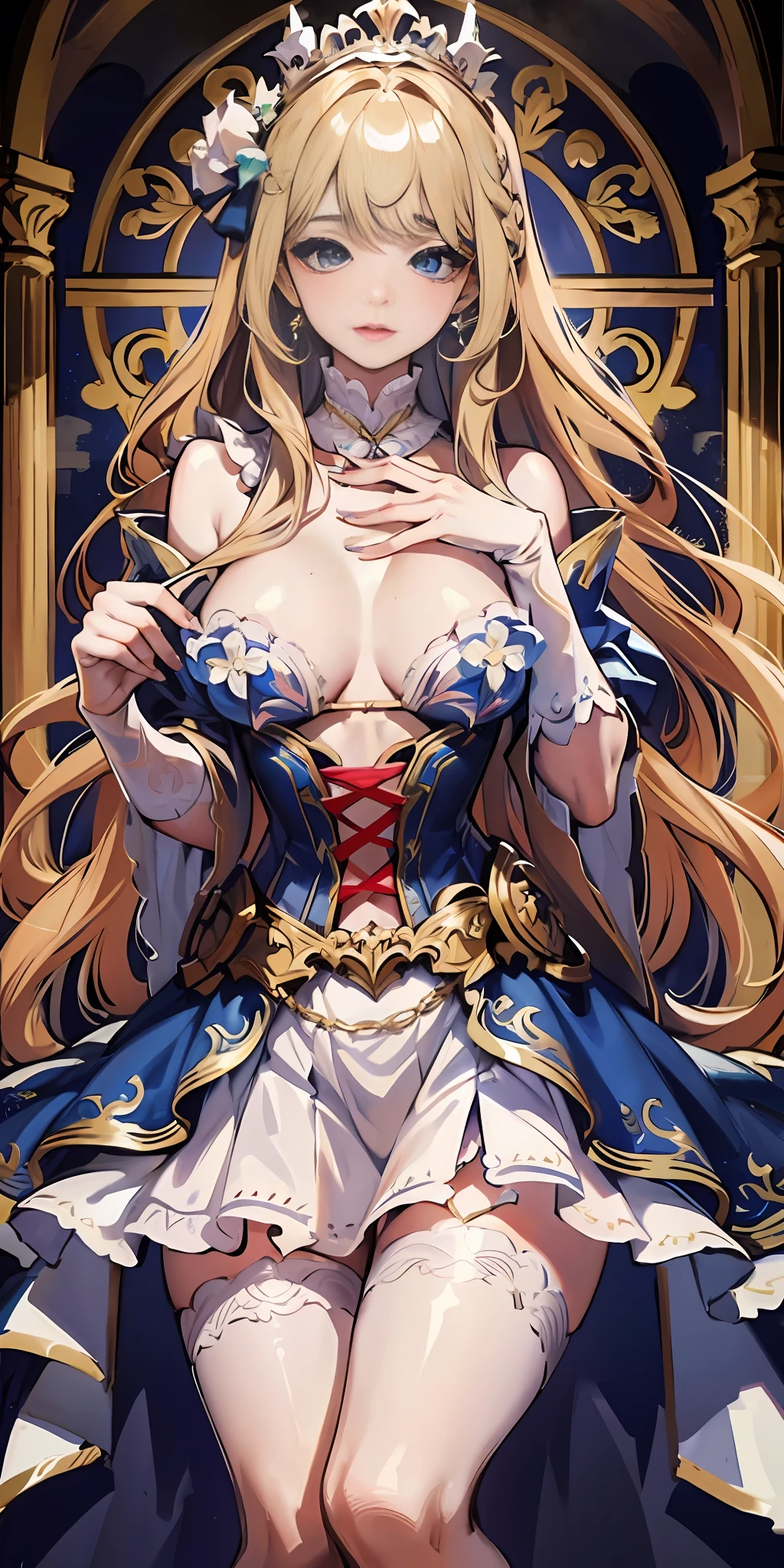 [blue:aqua:0.65] theme, masterpiece, a girl's masterpiece, detailed visual art, blue eyes, light blonde hair, long hair, collarbone, royal princess, elegant, gorgeous quinceanera dress, detailed layered skirt, [detailed frills: 0.1], [frilled dress: 0.1], embroidery, [details princess dress: 0.1], bare shoulders, big breasts: 1.3, open crotch, thigh seam, garter, groin, [NSFW| uncensored], (simple background: 1.1), low-winged, full-body