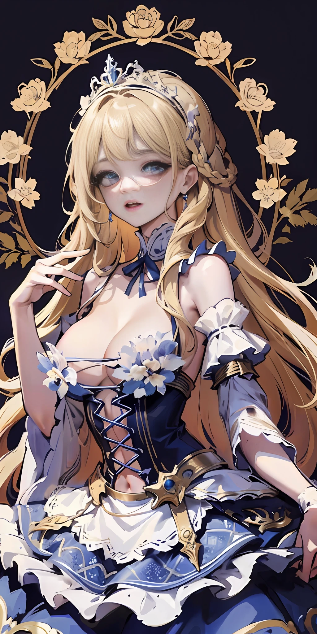 [blue:aqua:0.65] theme, masterpiece, a girl's masterpiece, detailed visual art, blue eyes, light blonde hair, long hair, collarbone, royal princess, elegant, gorgeous quinceanera dress, detailed layered skirt, [detailed frills: 0.1], [frilled dress: 0.1], embroidery, [details princess dress: 0.1], bare shoulders, big breasts: 1.3, open crotch, thigh seam, garter, groin, [NSFW| uncensored], (simple background: 1.1), low-winged, full-body