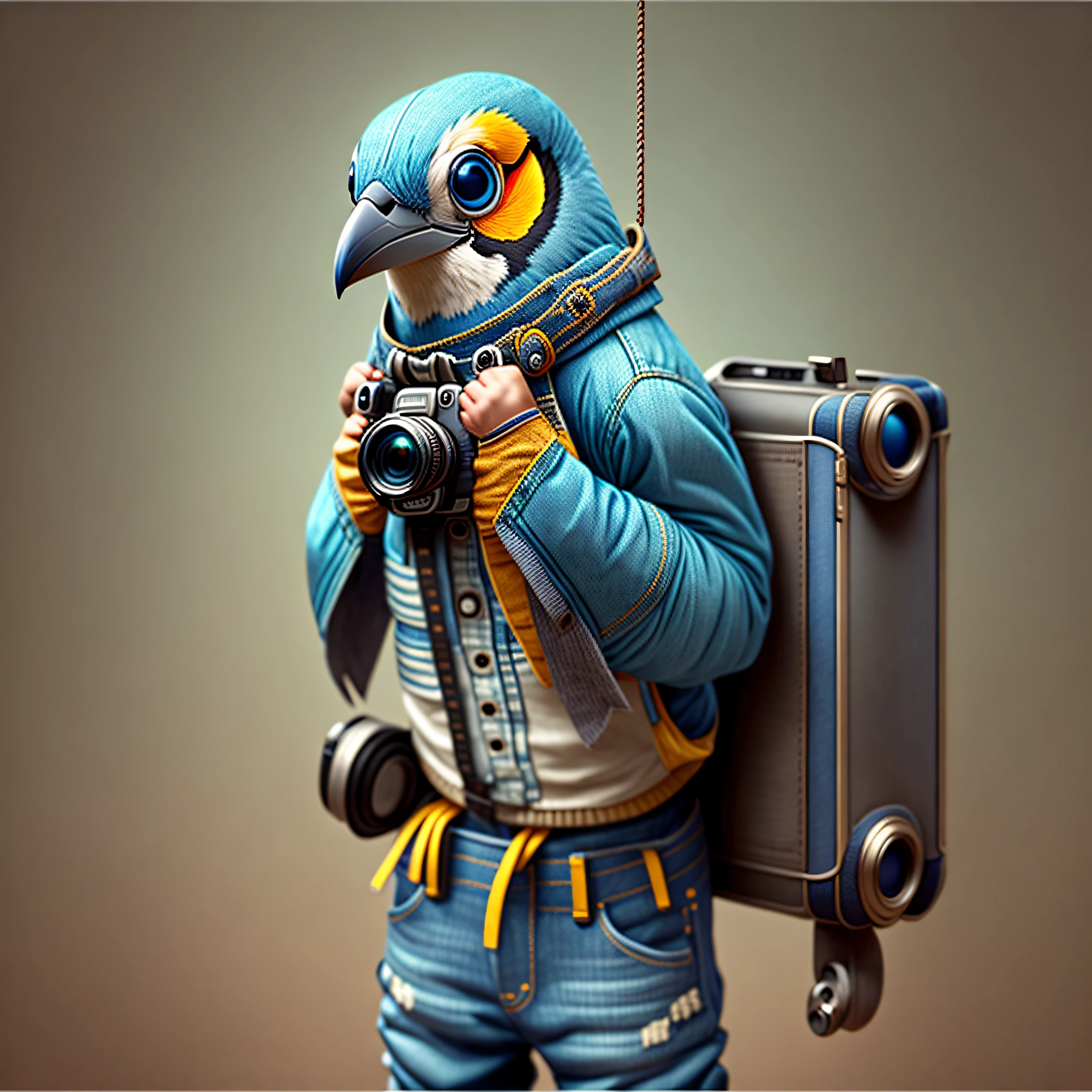funny but ugly bird dressed with jeans and with a camera hanging by its neck --auto --s2