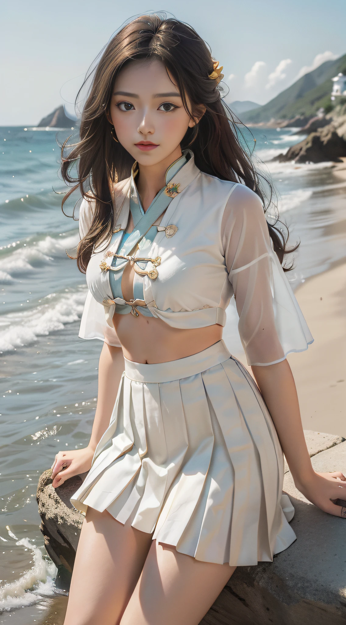 Coastal beauty, 1girl, (bright eyes, sun-kissed skin, carefree expression), sandy beach background, lighthouse, gentle sea breeze, playful pose, dynamic composition, golden hour lighting, blurred background, rich colors, fine details, hyperrealistic, 50mm lens, relaxed atmosphere. portrait photography, 35mm film, natural blurry,(hanfu, tang style outfits, white upper shan, multicolour chest pleated skirt, yellow waistband),solo.