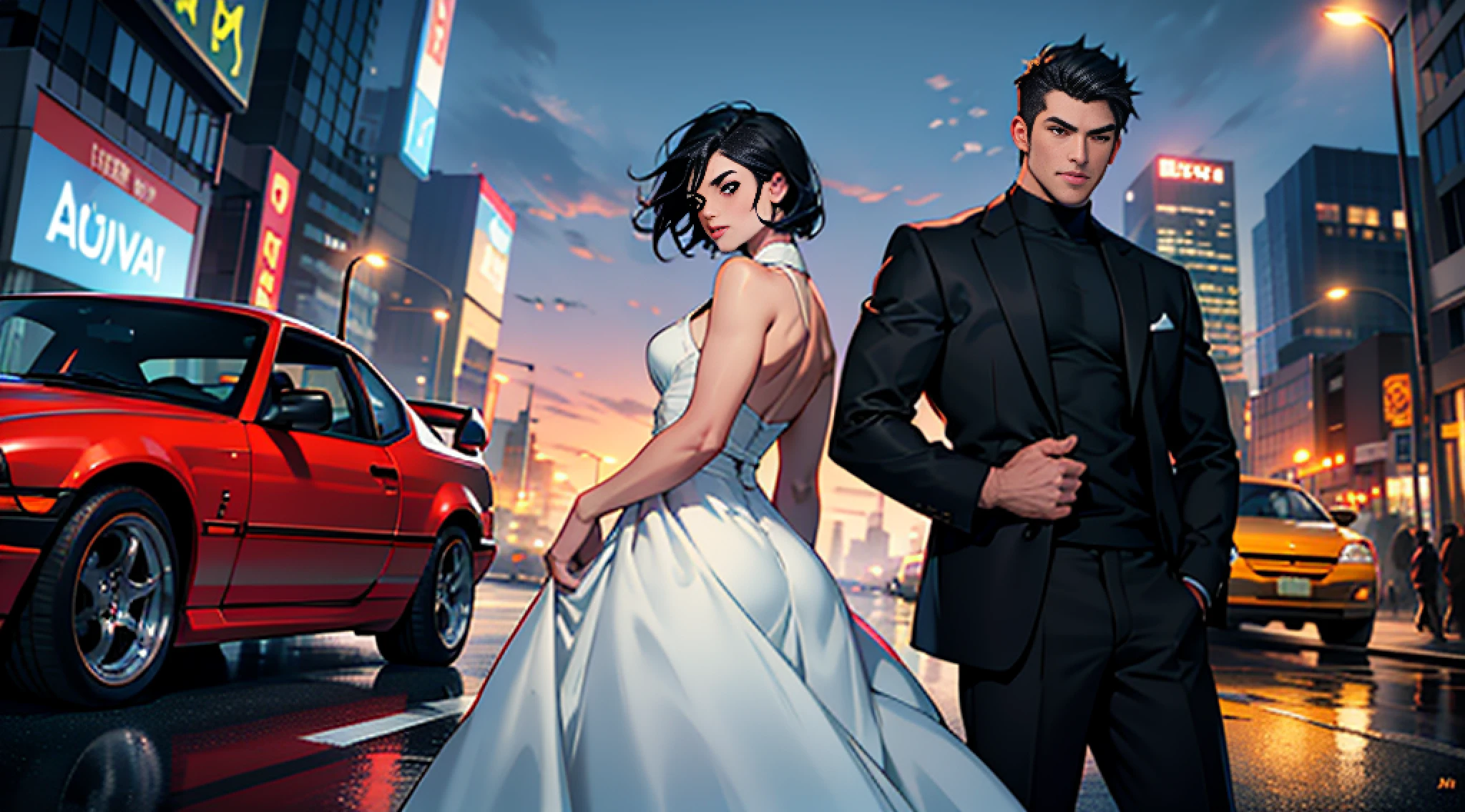 1man, 1woman, masterpiece, best quality, ultra high resolution, dusk, (back-to-back: 1.5), cityscape, depth of field, short black hair, standing in front of a sports car, ((male focus)), single male, mature, handsome, high cold female