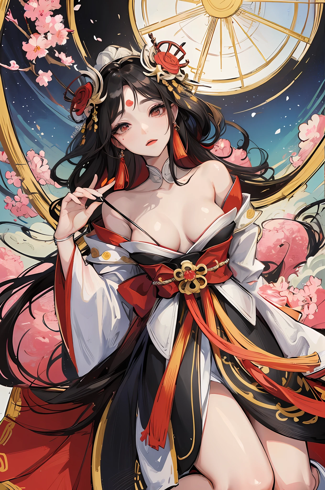 Amaterasu, goddess of the sun, incarnation of the sun, supreme god of Japan, ruler of Takamagahara and the deification of the sun. The ancestor of the Japanese emperor, the supreme god of Shinto in Japan, the incarnation of Ōichiru, cherry blossoms, (normal breasts), (human wife), indifference, extreme majesty, daunting, dark eyes, Japanese makeup, kneeling, shaping a glorious atmosphere, radiant sky, fair skin, long black hair, sun tattoo on chest, eight-foot qionggoyu, mother, gorgeous costume, (extremely gorgeous tenno-hagata), clogs, white socks, perfect legs, Japanese kabuki costume, gorgeous belt, ( A large number of luxurious accessories), perfect flesh full of texture, , searing rendering effect, jaw-dropping, captivating visual enjoyment, ((best quality)), ((masterpiece)), maximum definition, 8K wallpaper, official art, multi-layered texture , super detailed, illustration, (super detailed face), (perfect face), clear texture, fine texture, Ultra HD detail display, Excellent image performance, high-quality illustration, perfectly fit harmonious tones, deep lines, precise brushstrokes, It has a strong sense of three-dimensionality and delicate wearing, wonderful color matching, and intricate details