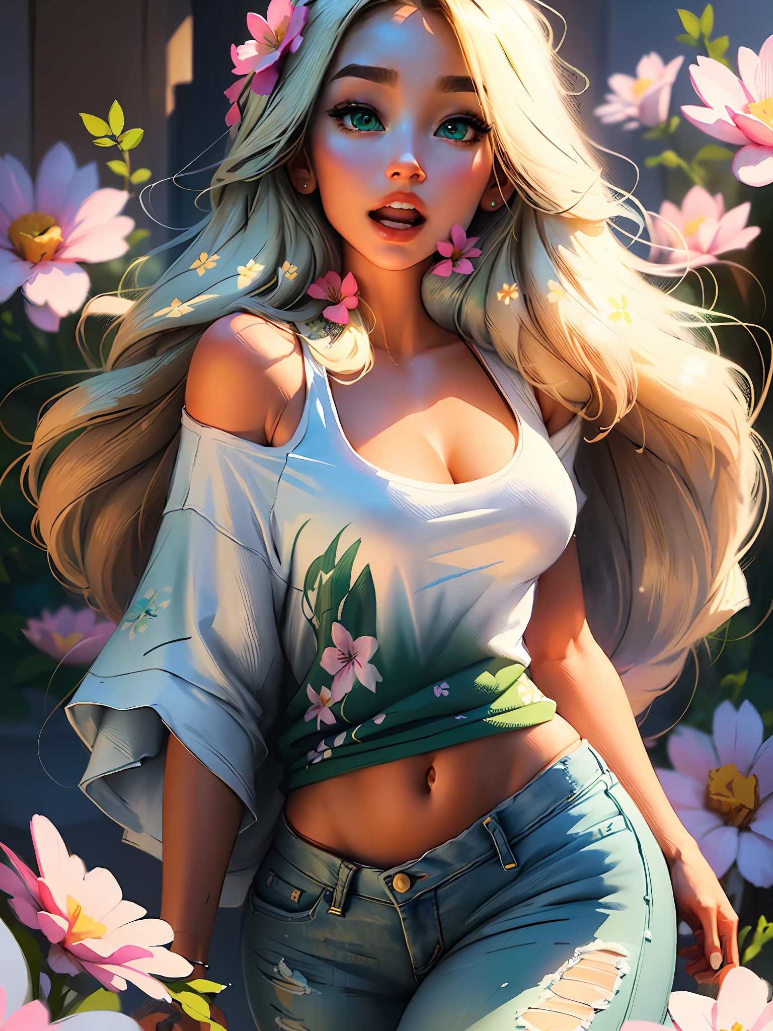 :: background, mixed-language_text, Japanese letters in graffit, Emily Sears beautiful woman, long gradient blonde hair, excellent lighting, sidelighting, perfect ultimate (flat color: 1.3), (magazine_cover: 1.4), (multicolored_background: 1.3), striped_background, card_background:: beautiful, perfect and detailed, ultra detailed, clothes with floral designs, and colors of light pink, black, white and gray, with open mouth,  immersive effects, hover effect, graphite style background with vibrant colors "ultra hdr" detailed and with focus effect,with sneakers all star converse black (masterpiece: 1.2, best quality), (finely detailed beautiful eyes: 1.2),extremely detailed, depth of field,shot with Canon EOS,lens 135mm f1.8,portrait of [x] focus effect((1Girl Sofía Vergara Beautiful Woman )),long hair,  smooth and blonde gradient ,with a natural glow ((Solo)), (Green eyes:1.4), (Finely detailed eyes and detailed face:1.3),), (With ultra detailed jeans and a white t-shirt with ultra detailed floral print throughout:1.3), (Beautiful and clear background:1.2), (Extremely detailed CG, Ultra-detailed, Best Shadow:1.1),((Depth of field and blur)), ((Watercolor)), Large breasts, Bare shoulders,  Flowers and petals, Beautiful conceptual illustration , (white background:0.5), (Illustration :1.1), (extremely fine and beautiful: 1.1), (perfect details: 1.1) graffiti style background, freedom, soul, digital illustration, perfect anatomy, centered,