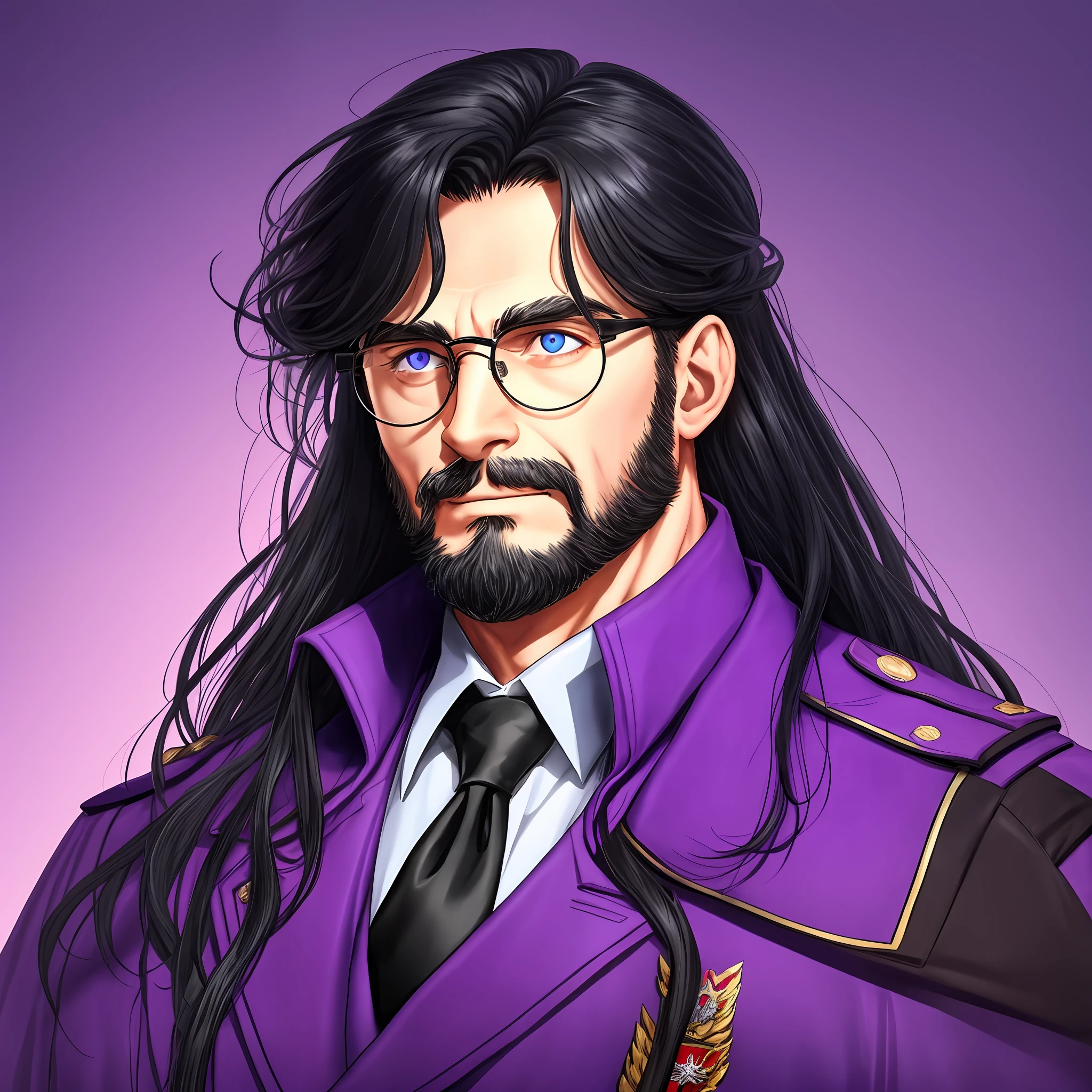 Insane looking Russian man in purple Soviet military coat with tie and a cape, front view, big messy black hair, straight hair tapping at his shoulders, round glasses, dark circles under his eyes, looking forward with ghastly smile --auto --s2