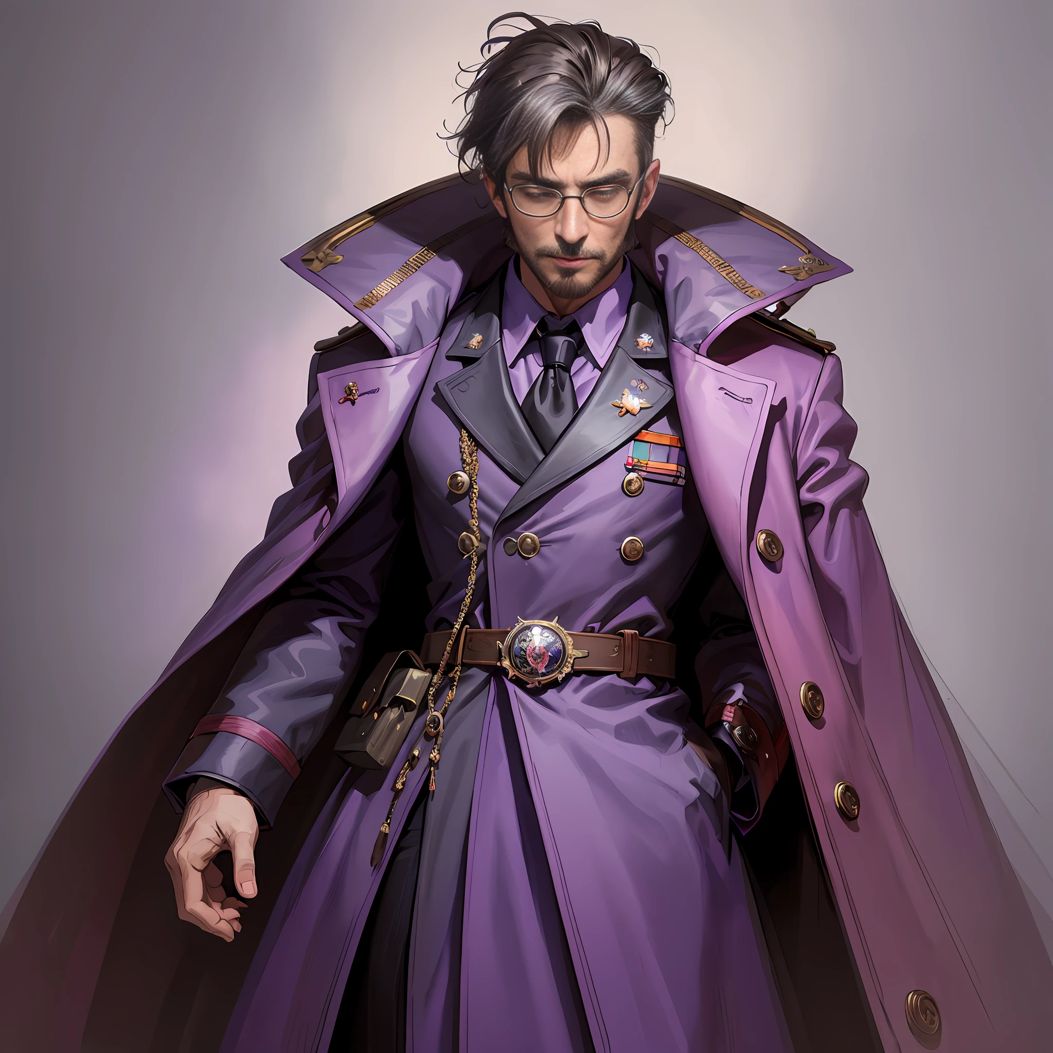 Arafed man in a purple coat and tie with a purple cape, portrait of the sinister professor, Stanely Artgerm, Stanley Artgerm Lau, Tuomas Korpi and Wlop, Artgerm and Grek Rutkowski, style of Stanley Artgerm, inspired by Max Magnus Norman, male craftsman, RPG portrait concept art,long black hair