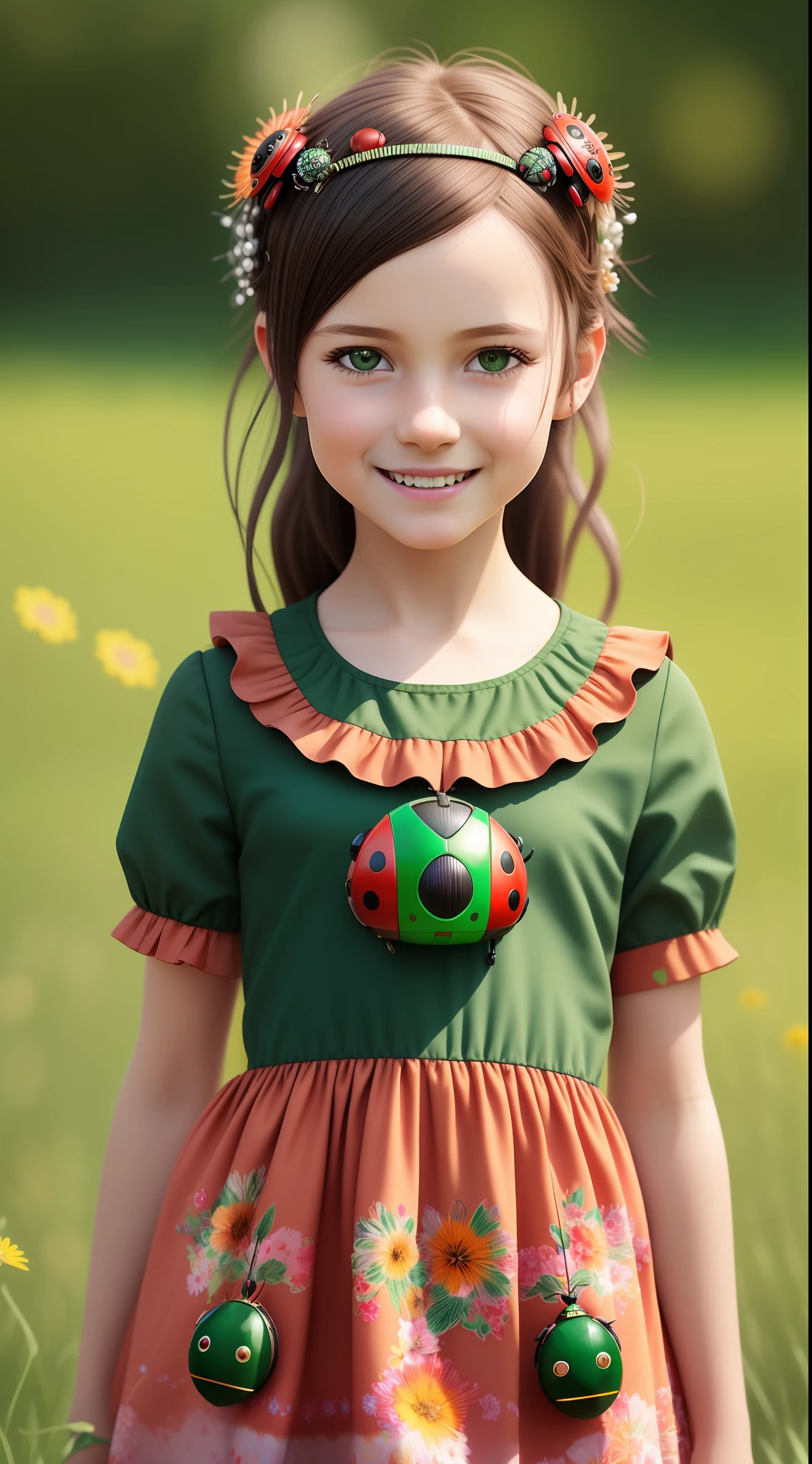best quality, ultra-high resolution, detailed face, realistic face, RAW photo, park, standing, european girl, girl 3 years face, smile, brown hair, detailed hair, short hair, shoes, children's shoes, dress, summer_dress, simple dress, light bright dress, cute baby dress, flodress, (cheerful, energetic, happy:1.4), green eyes, small ladybug hair clip, (HDR:1.4), Dramatic, Complex Background, Cinematic, Cinematic, (Rutkowski, ArtStation:0.8), Crazy Details, Intricate Details, Hyper-Detail, Low Contrast, Soft Cinematic Light, Exposure Blending, HDR,