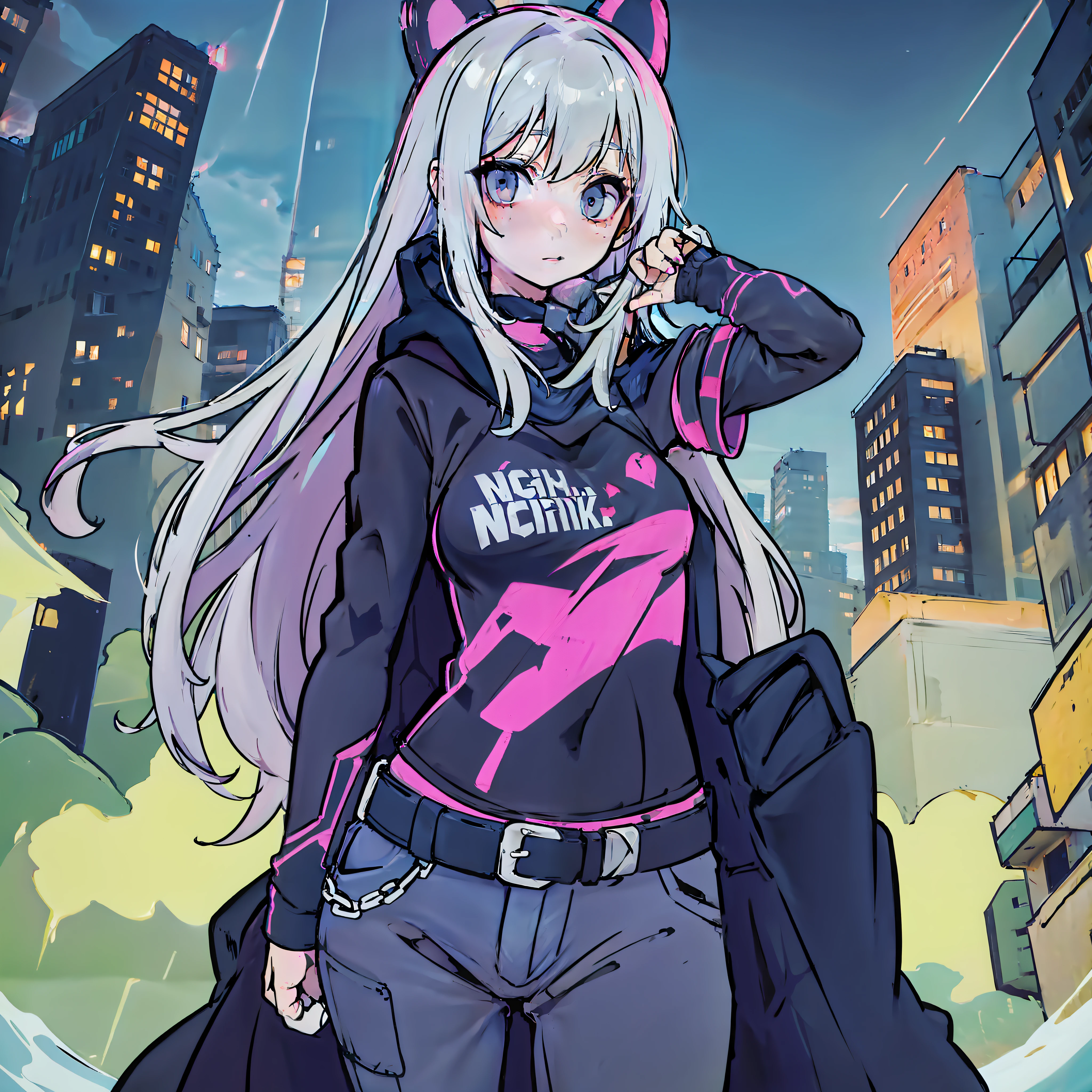 anime girl,night, punk girl, long hair, in pants, grey cloak , best hand, good hand,no skin