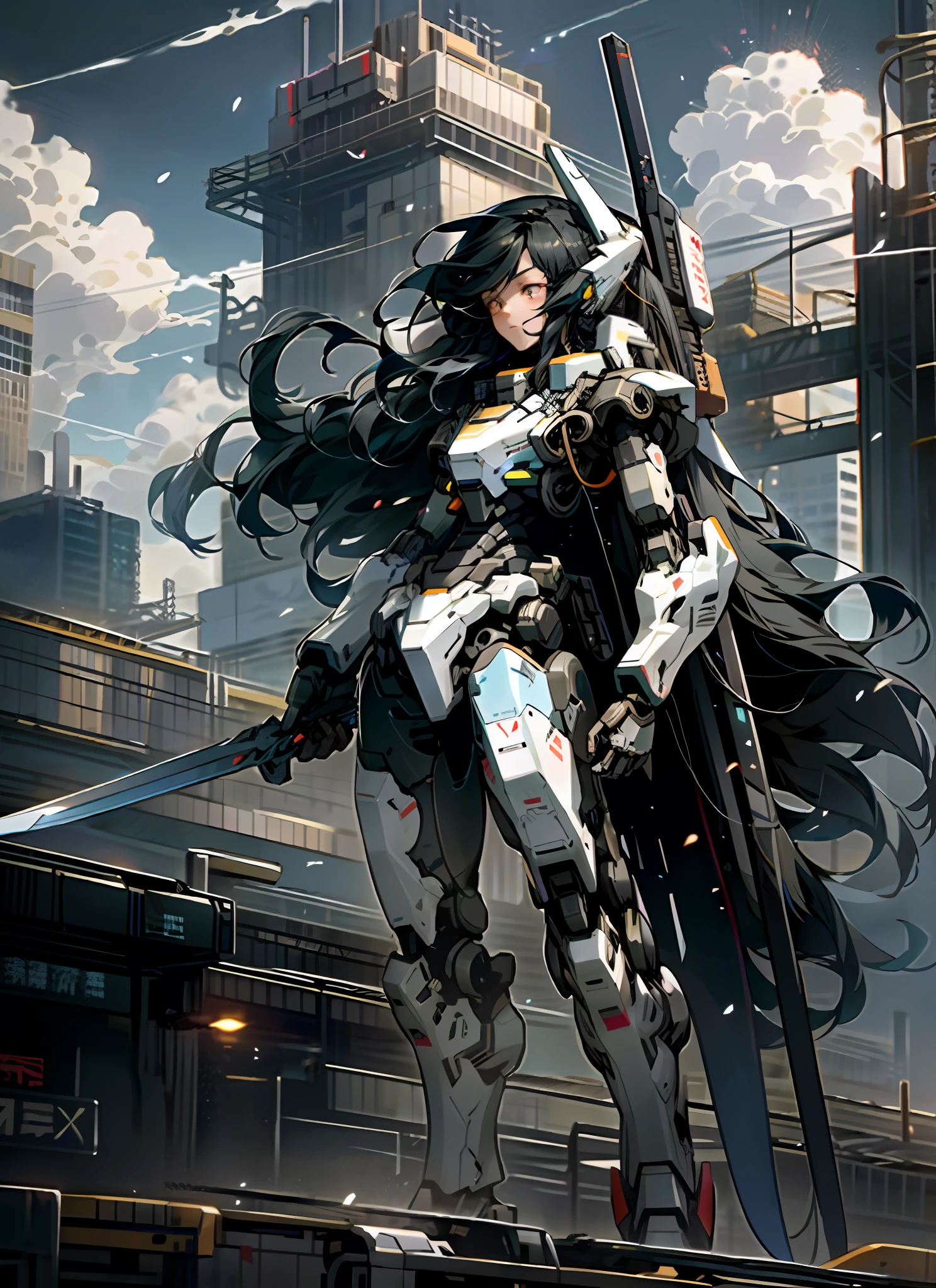 sky, clouds, holding_weapon, no_humans, glow, robot, architecture, glowing_eyes, mecha, science fiction, city, reality, mecha, girl, delicate face, long black hair,