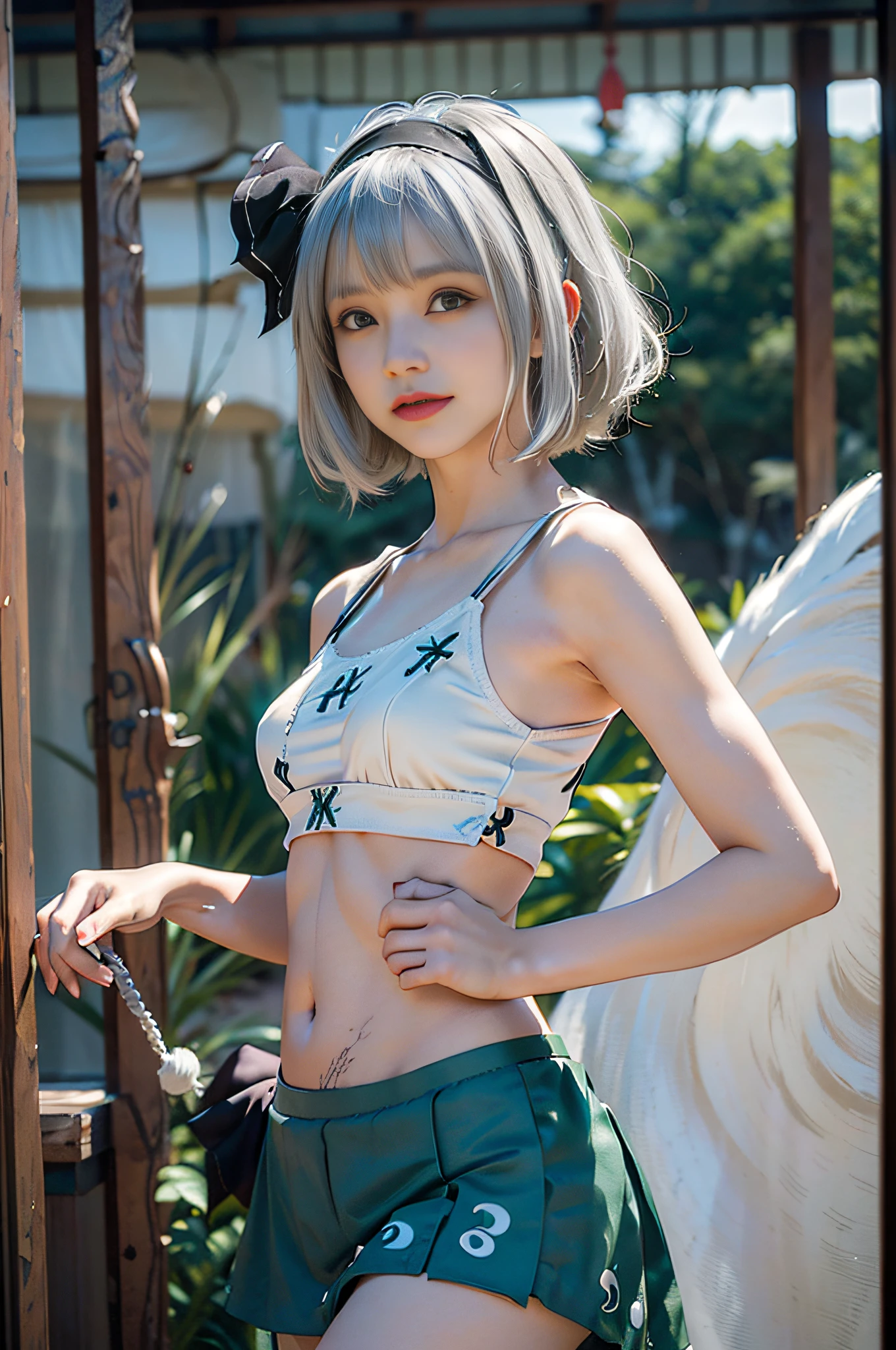 ((Konpaku Youmu)), ((Touhou Project)), Cosplay, ((White hair)), ((Short bob hair)), ((Black ribbon)), ((White camisole)), ((Navel)), ((Dark green skirt)), Middle breast, (Light clothing)))), (Pause))), (Smile)), (Japanese-style room))), Slim body, Slim girl model, 18-year-old female model, ( Japan Sword)))