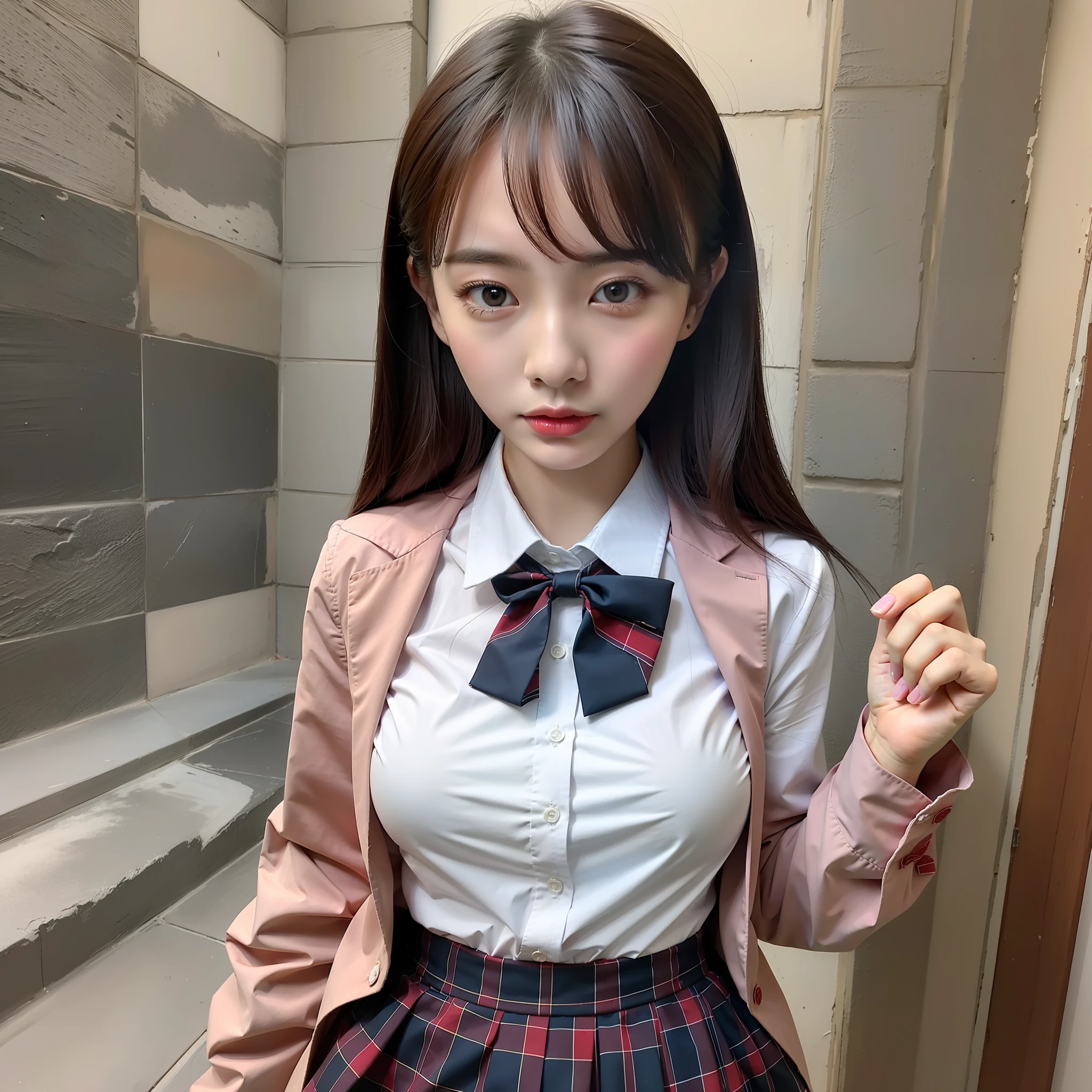 1girl, realistic, solo, (masterpiece:1.2), best quality, unbuttoned clothes, medium breasts, open school uniform,