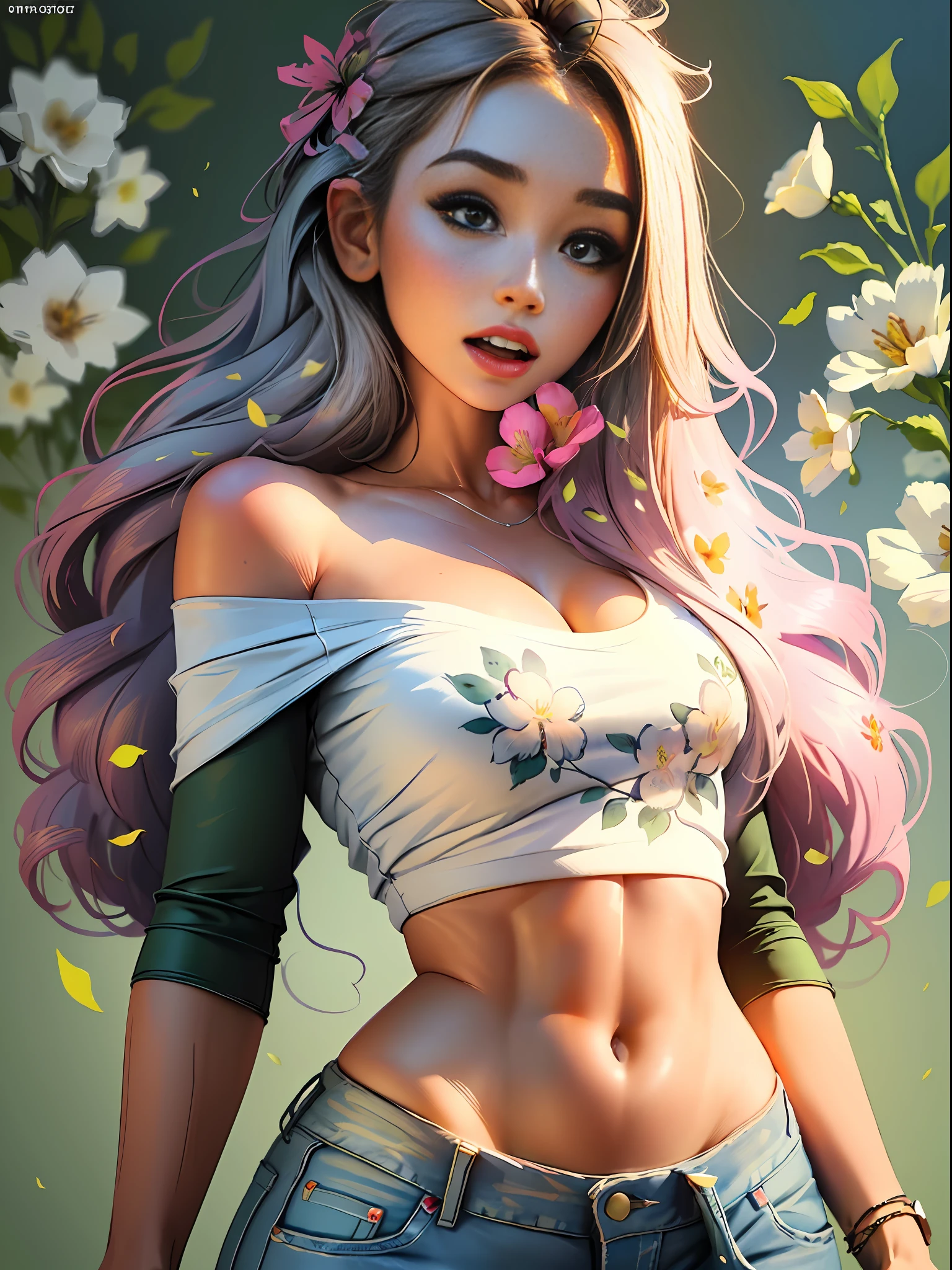 :: background, mixed-language_text, Japanese letters in graffit, Emily Sears beautiful woman, long gradient blonde hair, excellent lighting, sidelighting, perfect ultimate (flat color: 1.3), (magazine_cover: 1.4), (multicolored_background: 1.3), striped_background, card_background:: beautiful, perfect and detailed, ultra detailed, clothes with floral designs, and colors of light pink, black, white and gray, with open mouth,  immersive effects, hover effect, graphite style background with vibrant colors "ultra hdr" detailed and with focus effect,with sneakers all star converse black (masterpiece: 1.2, best quality), (finely detailed beautiful eyes: 1.2),extremely detailed, depth of field,shot with Canon EOS,lens 135mm f1.8,portrait of [x] focus effect((1Girl Sofía Vergara Beautiful Woman )),long hair,  smooth and blonde gradient ,with a natural glow ((Solo)), (Green eyes:1.4), (Finely detailed eyes and detailed face:1.3),), (With ultra detailed jeans and a white t-shirt with ultra detailed floral print throughout:1.3), (Beautiful and clear background:1.2), (Extremely detailed CG, Ultra-detailed, Best Shadow:1.1),((Depth of field and blur)), ((Watercolor)), Large breasts, Bare shoulders,  Flowers and petals, Beautiful conceptual illustration , (white background:0.5), (Illustration :1.1), (extremely fine and beautiful: 1.1), (perfect details: 1.1) graffiti style background, freedom, soul, digital illustration, perfect anatomy, centered,