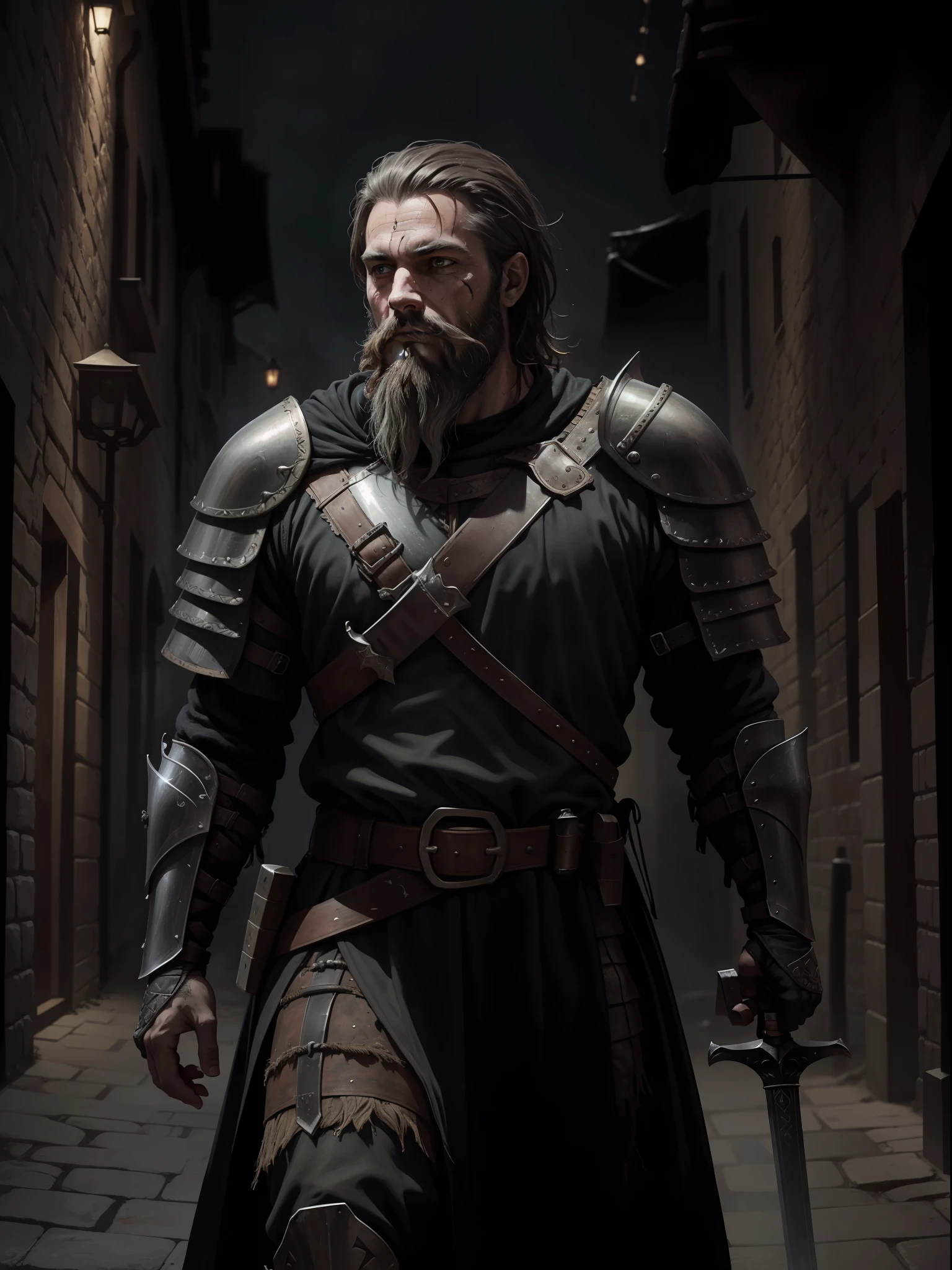 a dirty man with beard and scars on his face, medieval dark knight with full armor and sword, in a medieval city, night, dark environment, darkness, fog