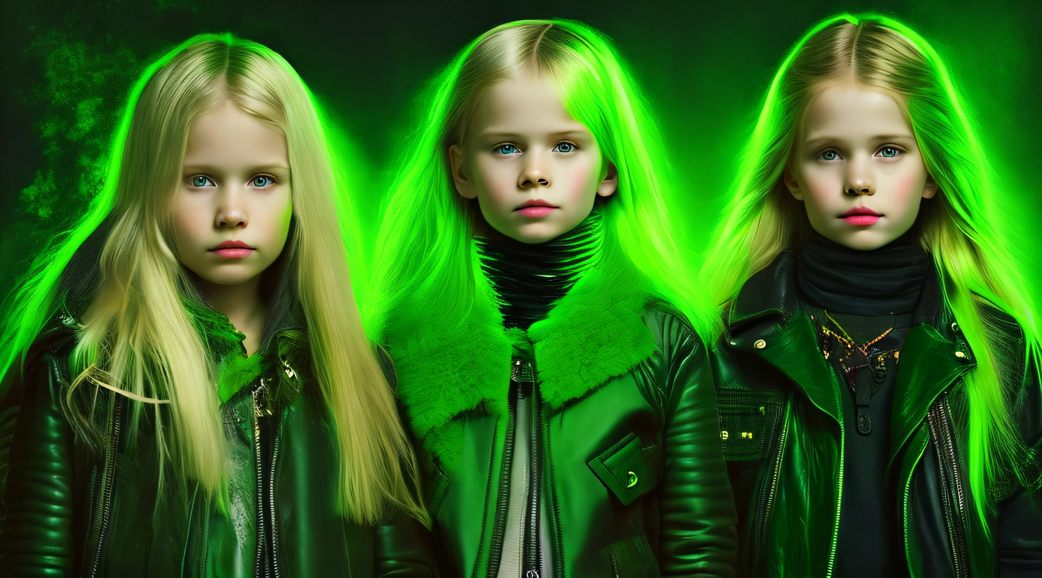 3 Russian  girls with 10 yearsONG STRAIGHT HAIR blonde, black leather jacket and black clothes, PORTRAT STYLE, a green glow, detalized background of green glow, green glow, green ambient light, bright green, radioactive glow green, neon green, sickly green colors.