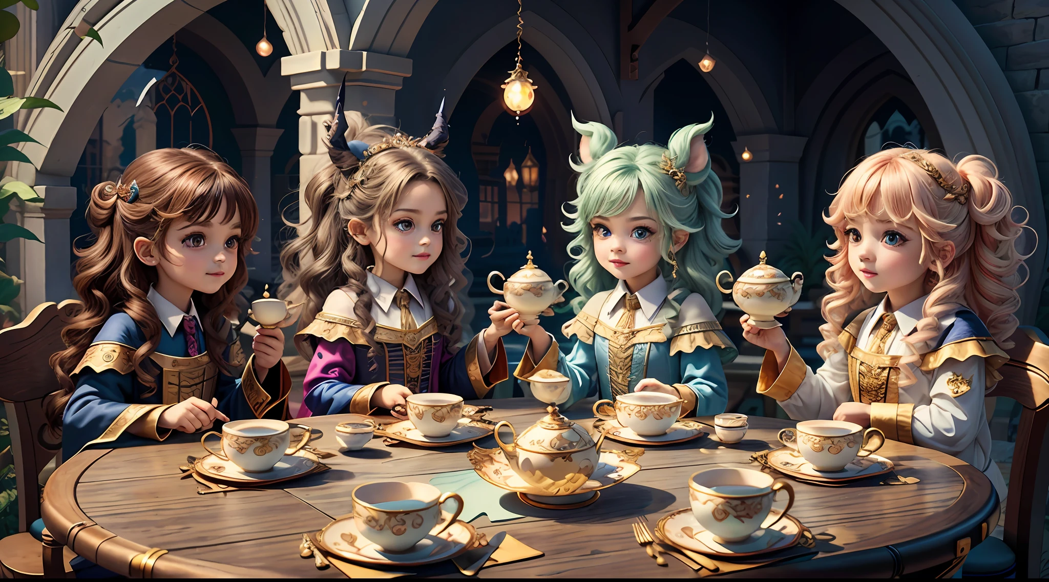 Masterpiece, best quality, wizard tea party, magic tea party, magic, chibi, handsome witches and witches, beautiful witches, highly detailed realistic eyes, happy, vibrant, colorful,