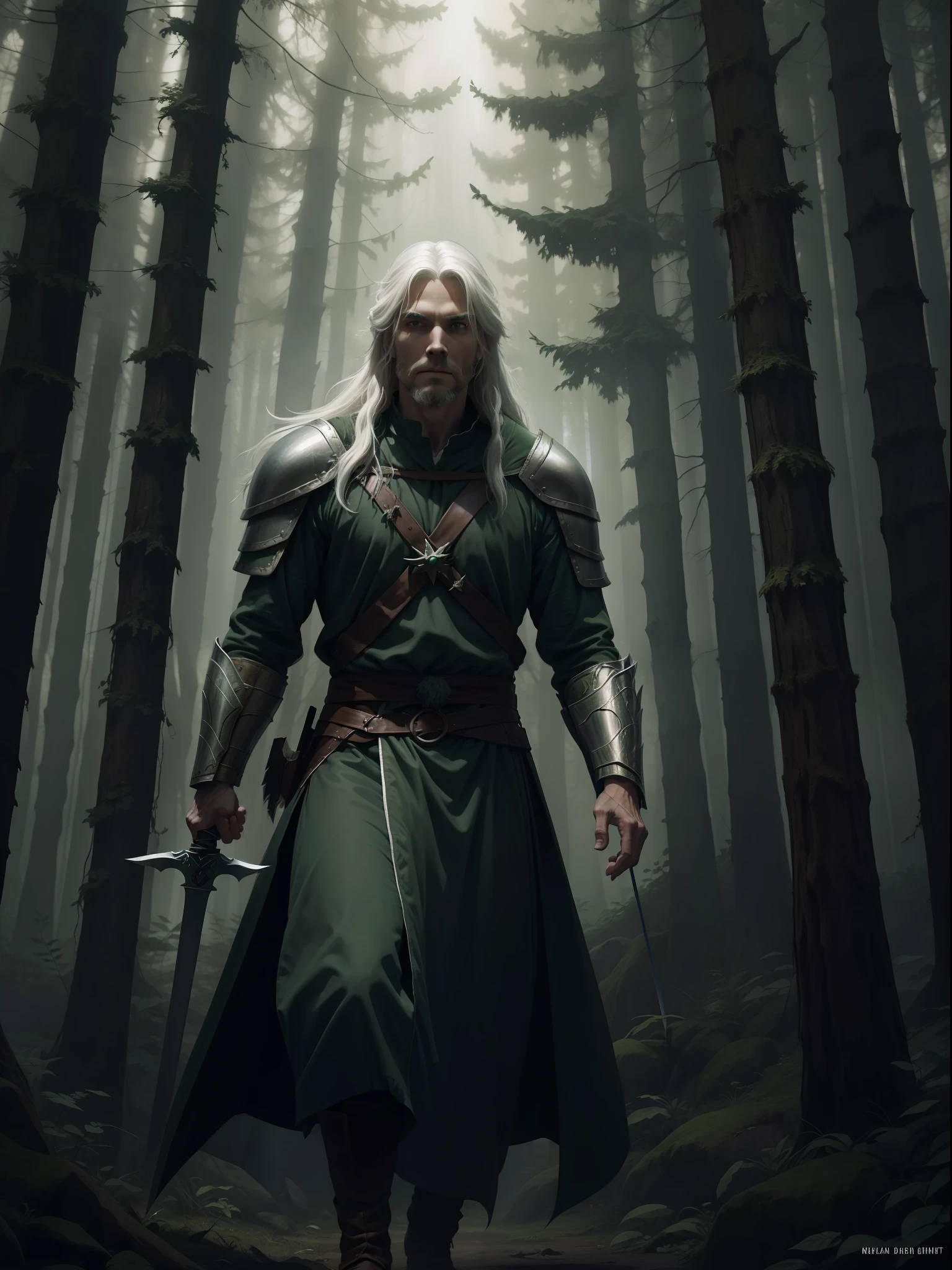 a man with long, white hair, medieval druid, with green armor and a sword, accompanied by a wolf, in a forest, night, dark environment, darkness, fog