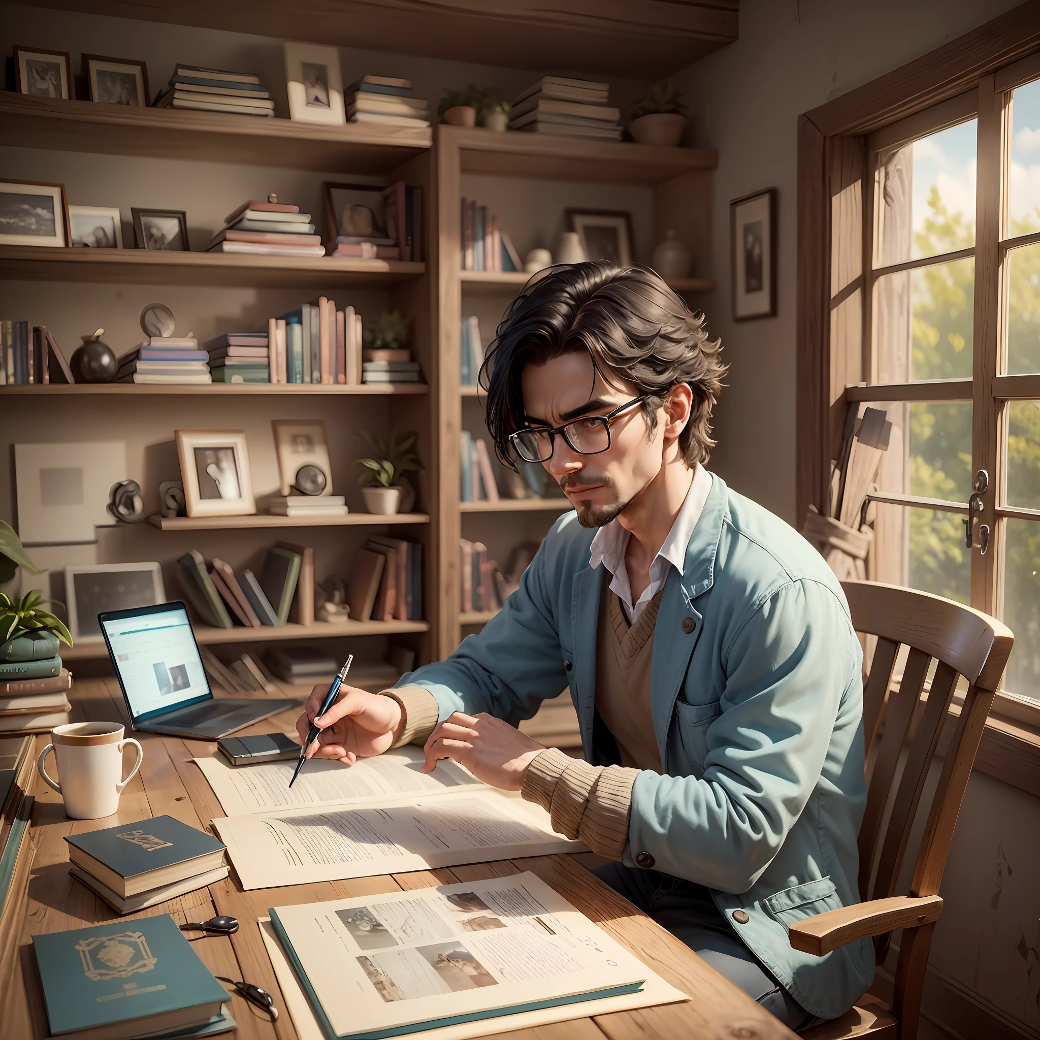 A gentleman sitting at his home office desk, speaking by video conference in the cellar in his left hand. He is looking at the computer, In the background, it is possible to see a bookshelf with books and some decorative objects, as well as a window that allows the entrance of natural light. The image conveys the idea of a person who is adapting to technology but still has an affective connection to ancient objects. The prompt can address the importance of adapting to current technologies, aiming at work, laser and study, recognizing that each generation has its own skills and challenges when it comes to dealing with technology. include some element that represents artificial intelligence. --auto --s2