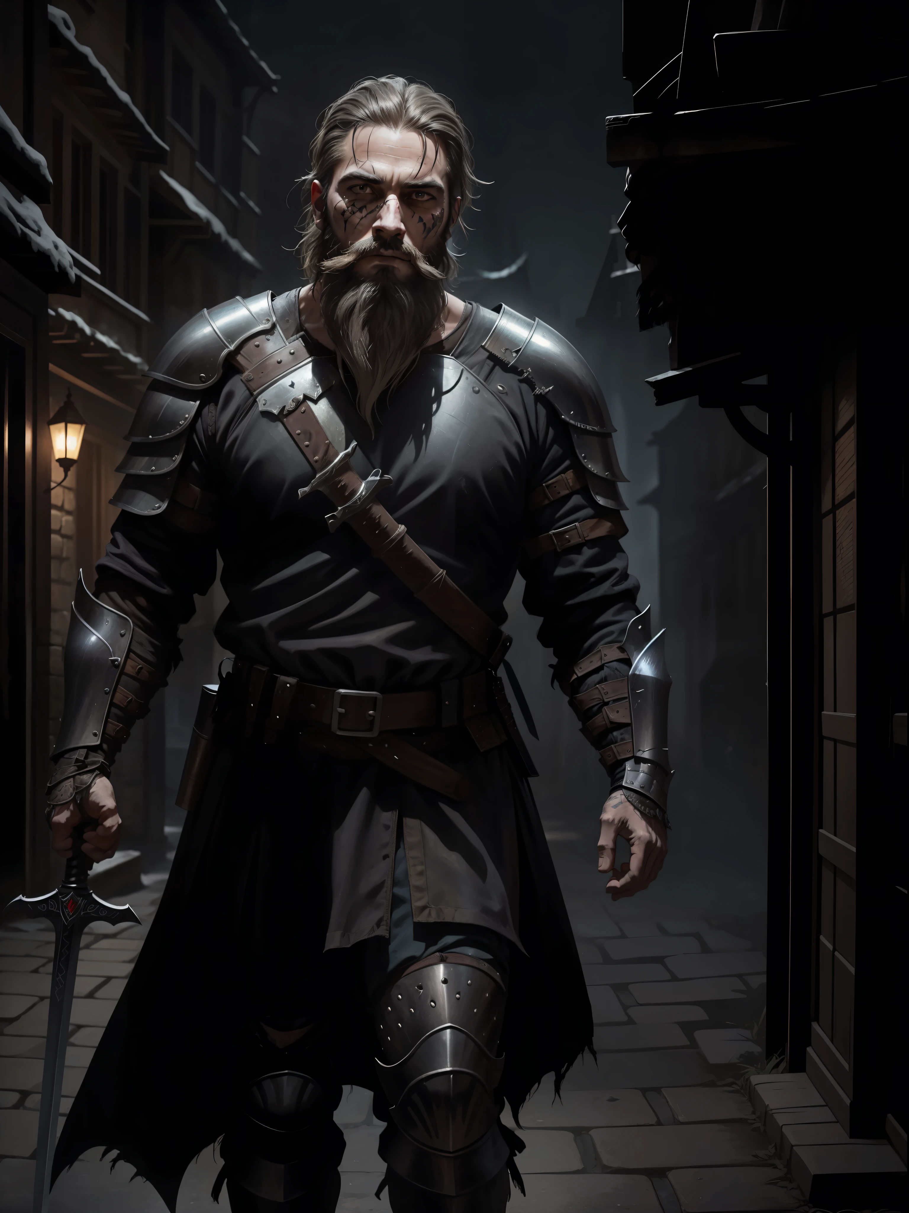 a dirty man with beard and scars on his face, medieval dark knight with full armor and sword, in a medieval city, night, dark environment, darkness, fog