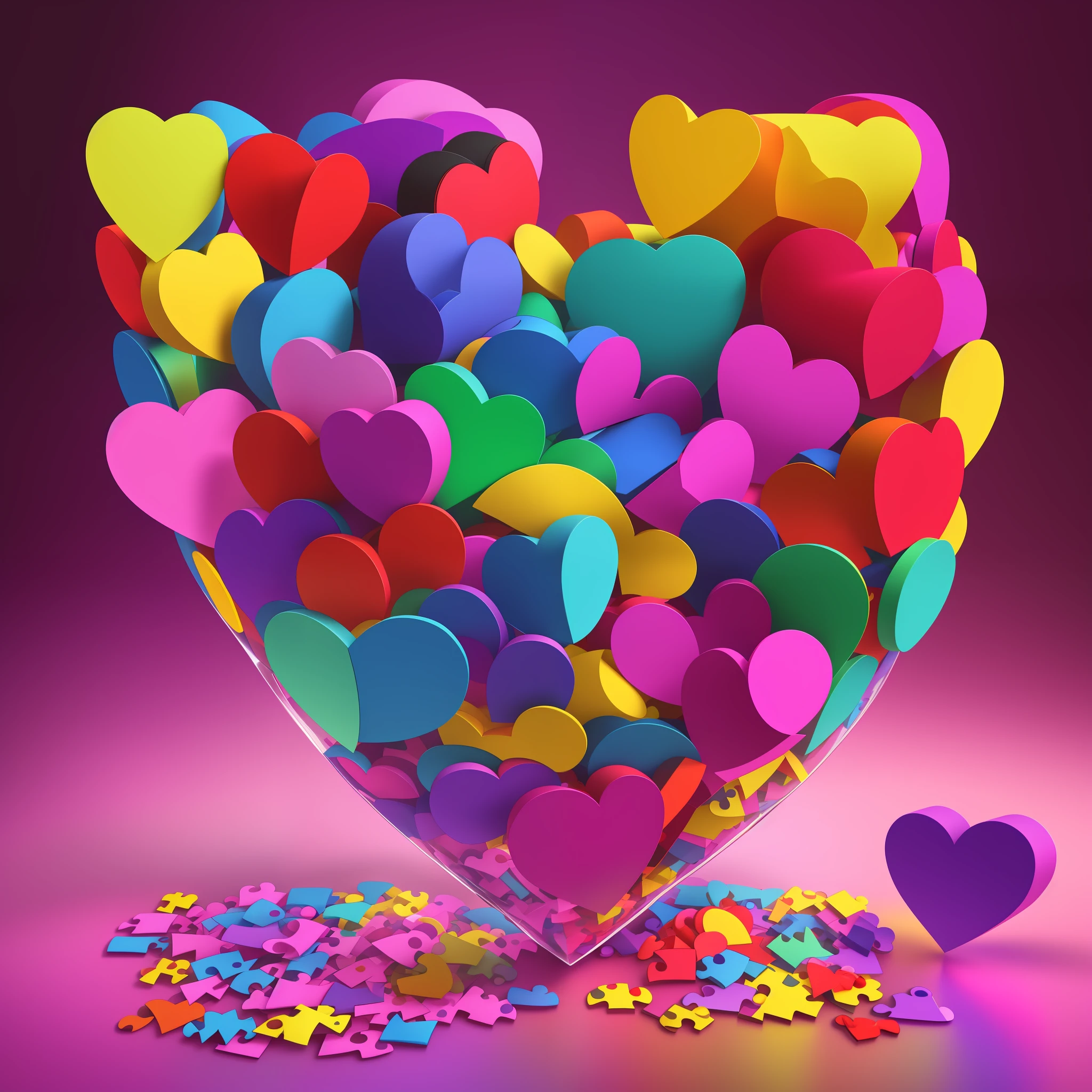 create a puzzle image with the multi colored heart-shaped pieces, super bright colors, 3D lighting, 3D shapes