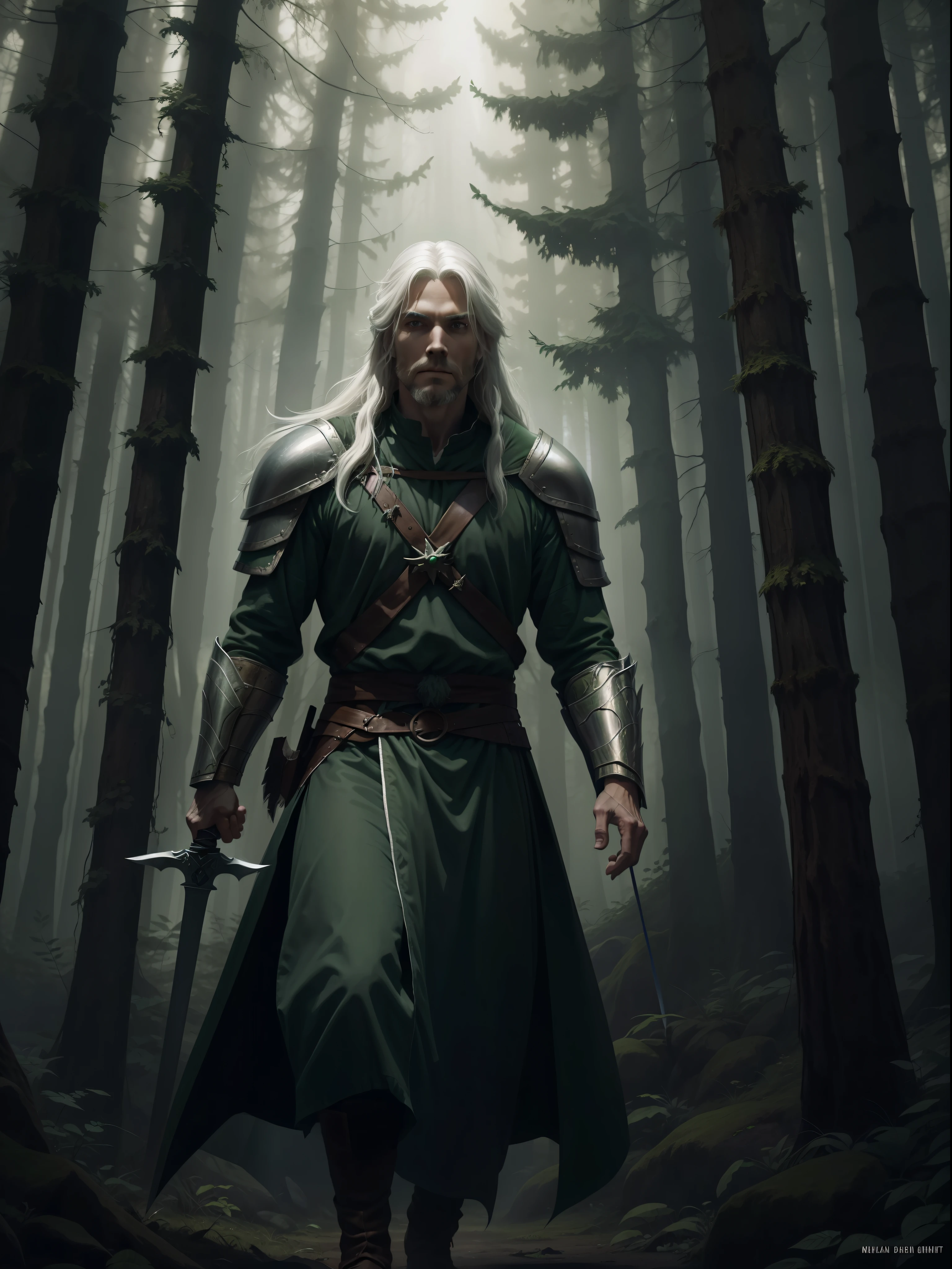 a man with long, white hair, medieval druid, with green armor and a sword, accompanied by a wolf, in a forest, night, dark environment, darkness, fog