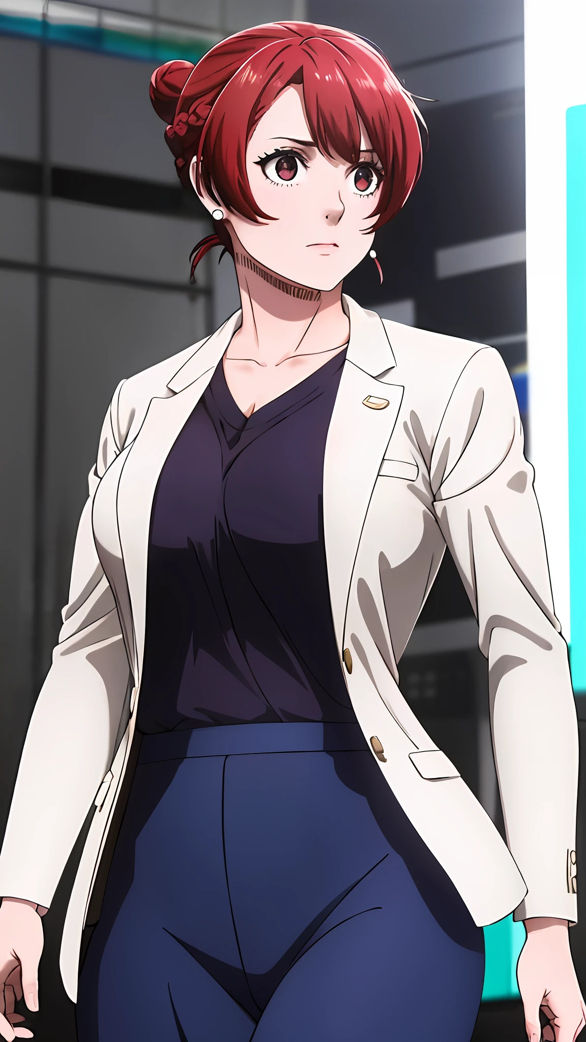 (realistic:1.5), ((masterpiece)), ((best quality)), beautiful_girl, (anriteieri), 1girl, solo, breasts, short_hair, ((red_hair)), shirt, cleavage, hazel_eyes, jewelry, closed_mouth, collarbone, jacket, upper_body, braid, earrings, hair_bun, blurry, black_shirt, blurry_background, frown, single_hair_bun, (ultra_quality), hyper_realism, (pale_skin), (skin_texture), pink_lipstick, ((looking at viewer)), ((sexy)),