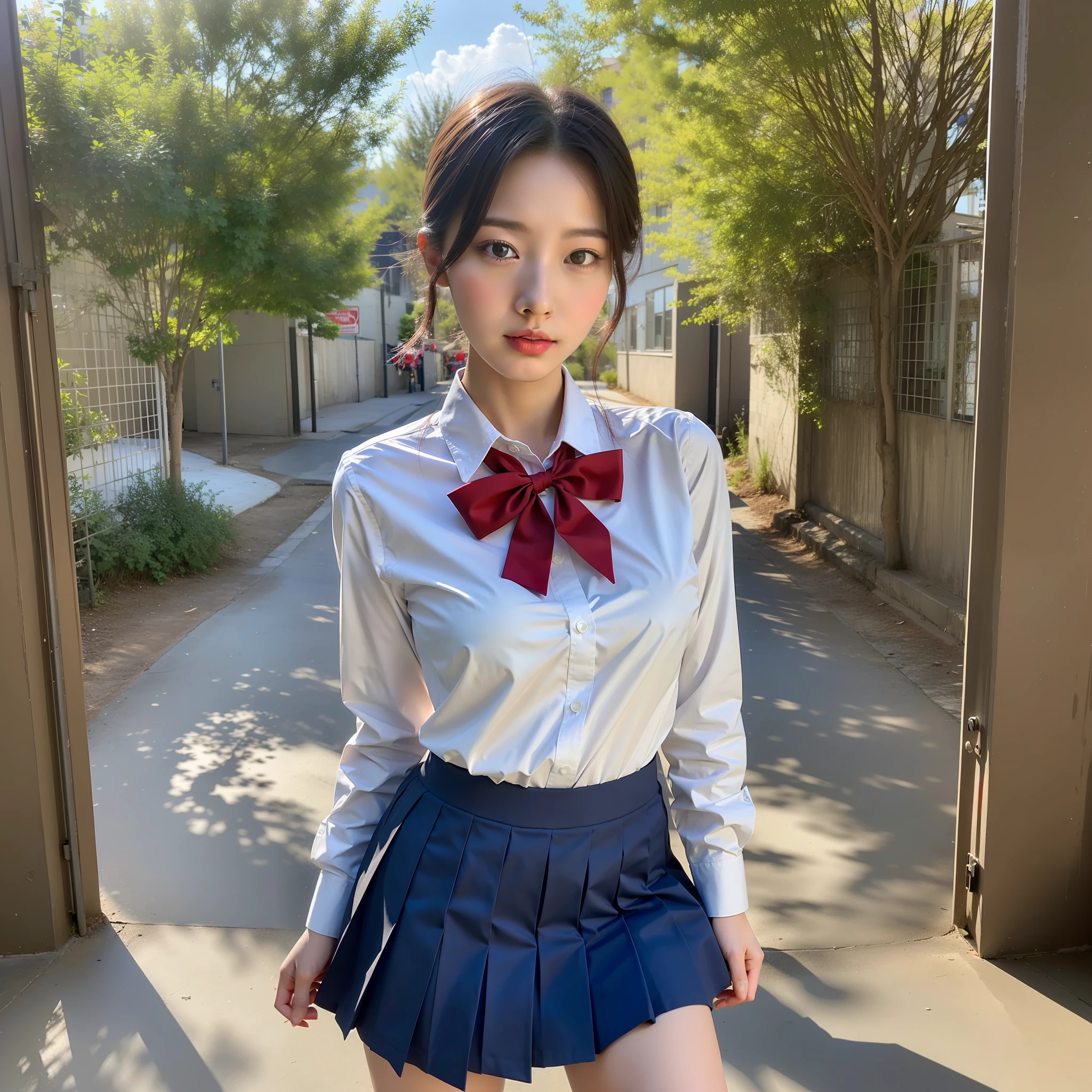 1girl, realistic, solo, (masterpiece:1.2), best quality, (unbuttoned school uniform), medium breasts, ,