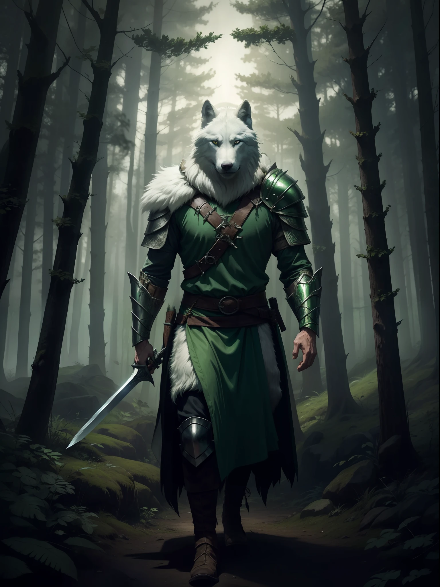 a man with a white wolf's head, medieval druid, with green armor and a sword, in a forest, night, dark environment, darkness, fog