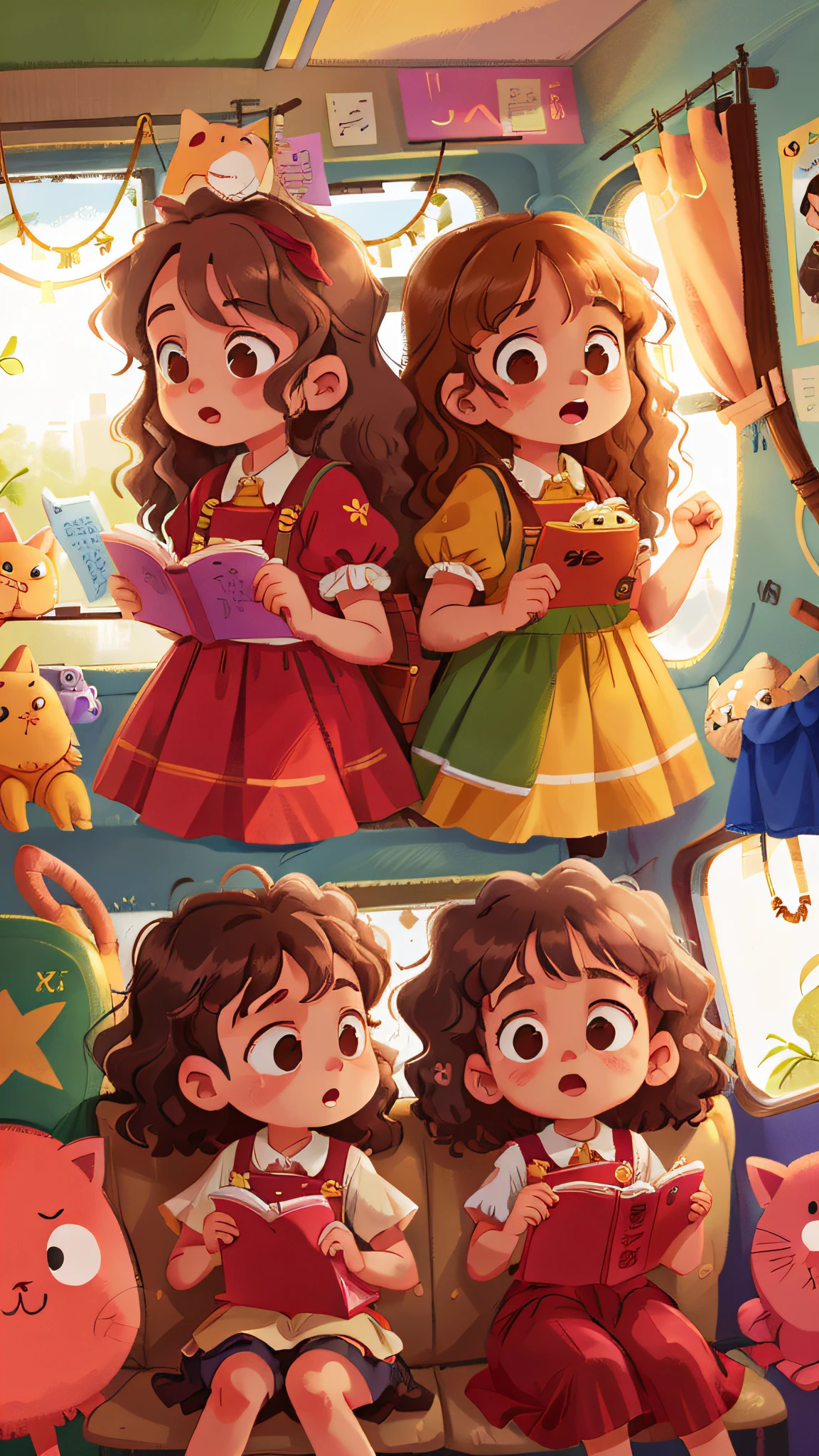 Two twin girls curly brown hair, Livia and Lavinia on the train