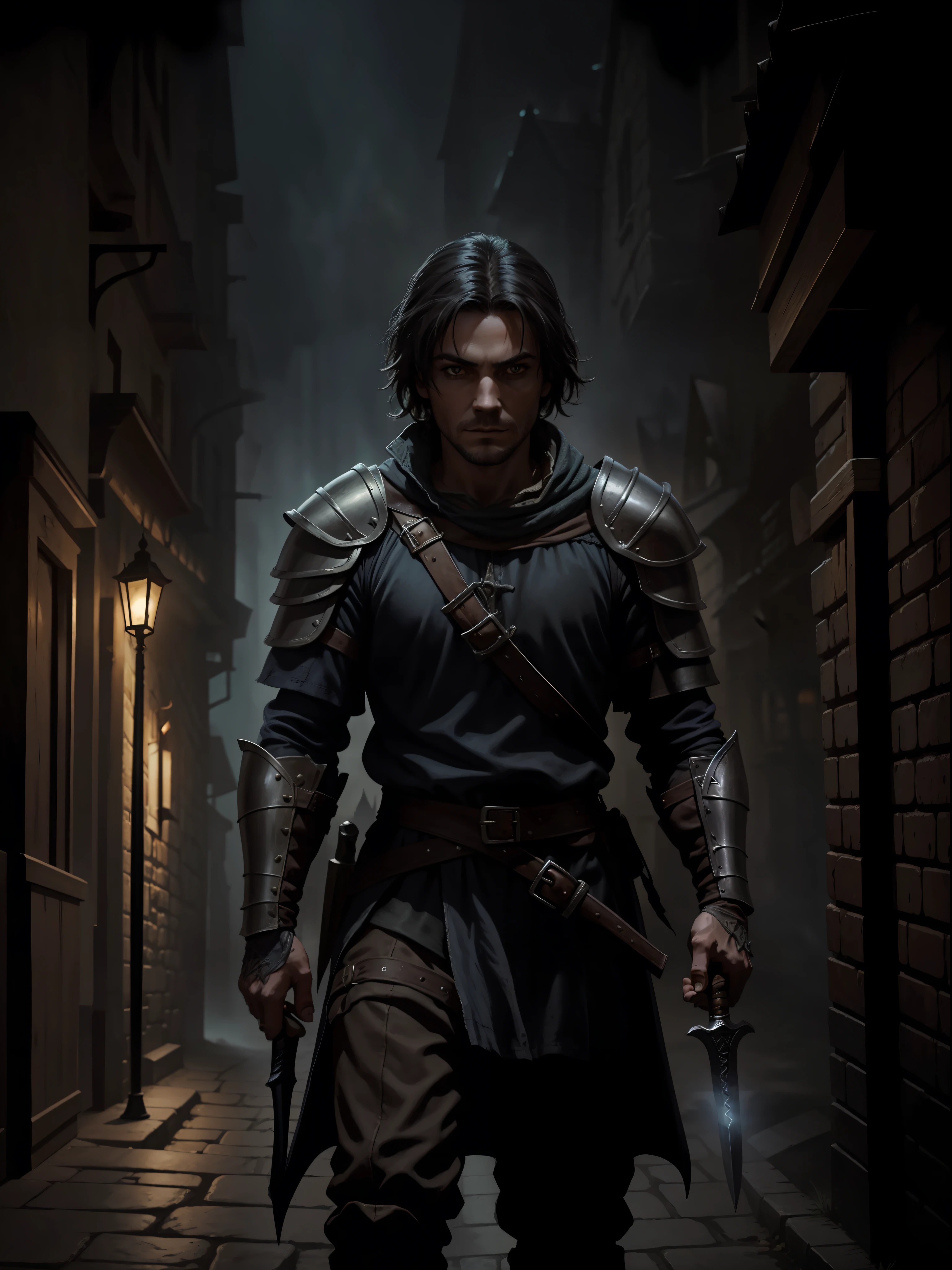 a medieval rogue, with light armor and dagger, in a medieval city, night, dark environment, darkness, fog