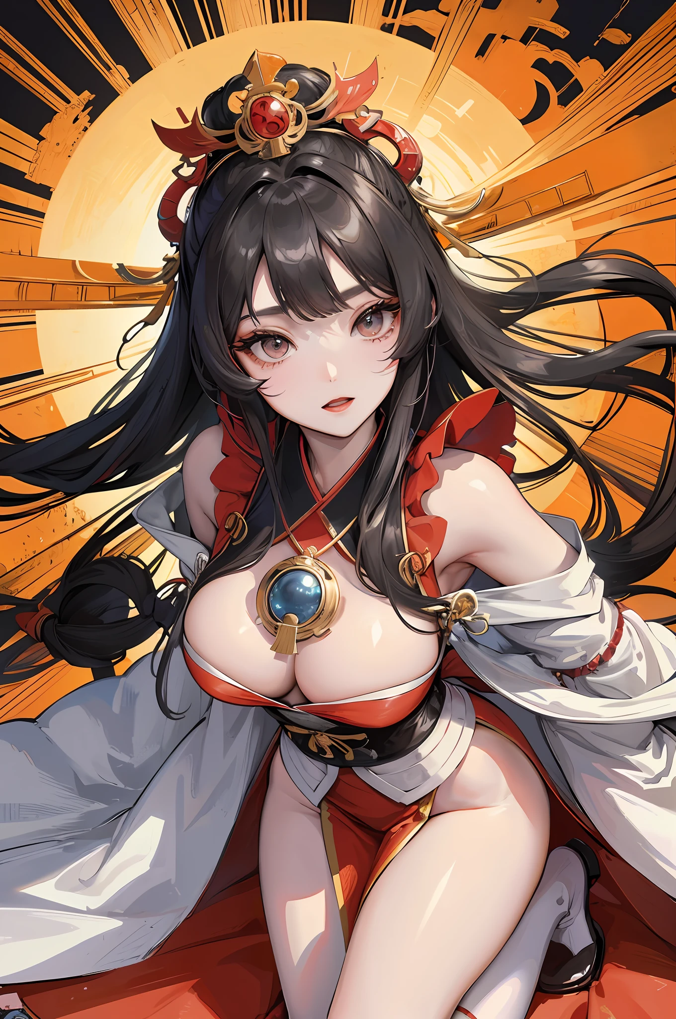 Amaterasu, goddess of the sun, incarnation of the sun, supreme god of Japan, ruler of Takamagahara and the deification of the sun. The ancestor of the Japanese emperor, the supreme god of Shinto in Japan, the incarnation of the Great Hitakai, the background is the Japanese shrine sacrificial ground, holding the eight mirrors, ((normal breasts)), (human wife), indifferent, extremely majestic, daunting, dark eyes, Japanese makeup, kneeling on the ground, shaping a glorious atmosphere, radiant heaven and earth, fair skin, Long black hair, sun tattoo on chest, eight-foot qionggouyu, mother, gorgeous costume, (extremely gorgeous Tenno-hata), clogs, white socks, perfect legs, Japanese Kabuki costumes, gorgeous belts, (lots of luxurious accessories), perfect flesh full of texture, , searing rendering effect, jaw-dropping, captivating visual enjoyment, ((best quality)), ((masterpiece)), maximum definition, 8K wallpaper, official art, multi-layered texture , super detailed, illustration, (super detailed face), (perfect face), clear texture, fine texture, ultra-high definition detail display, excellent image performance, high-quality illustration, perfectly fit harmonious tones, Deep lines, precise brushstrokes, with a strong sense of three-dimensionality and delicate wear, wonderful color matching, intricate details